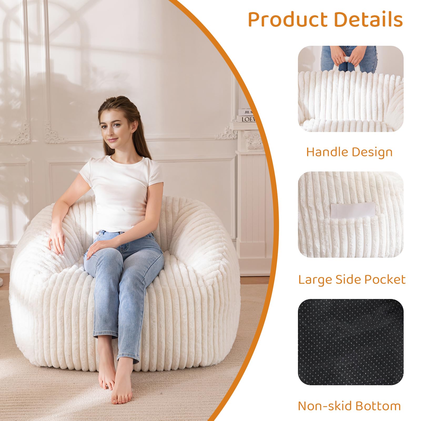 MAXYOYO Bean Bag Chair - Soft Floor Sofa with Handle & Storage Pocket for Living Room, Bedroom, or Dorm - Comfortable Beige Lounger for Relaxing, Reading & Gaming