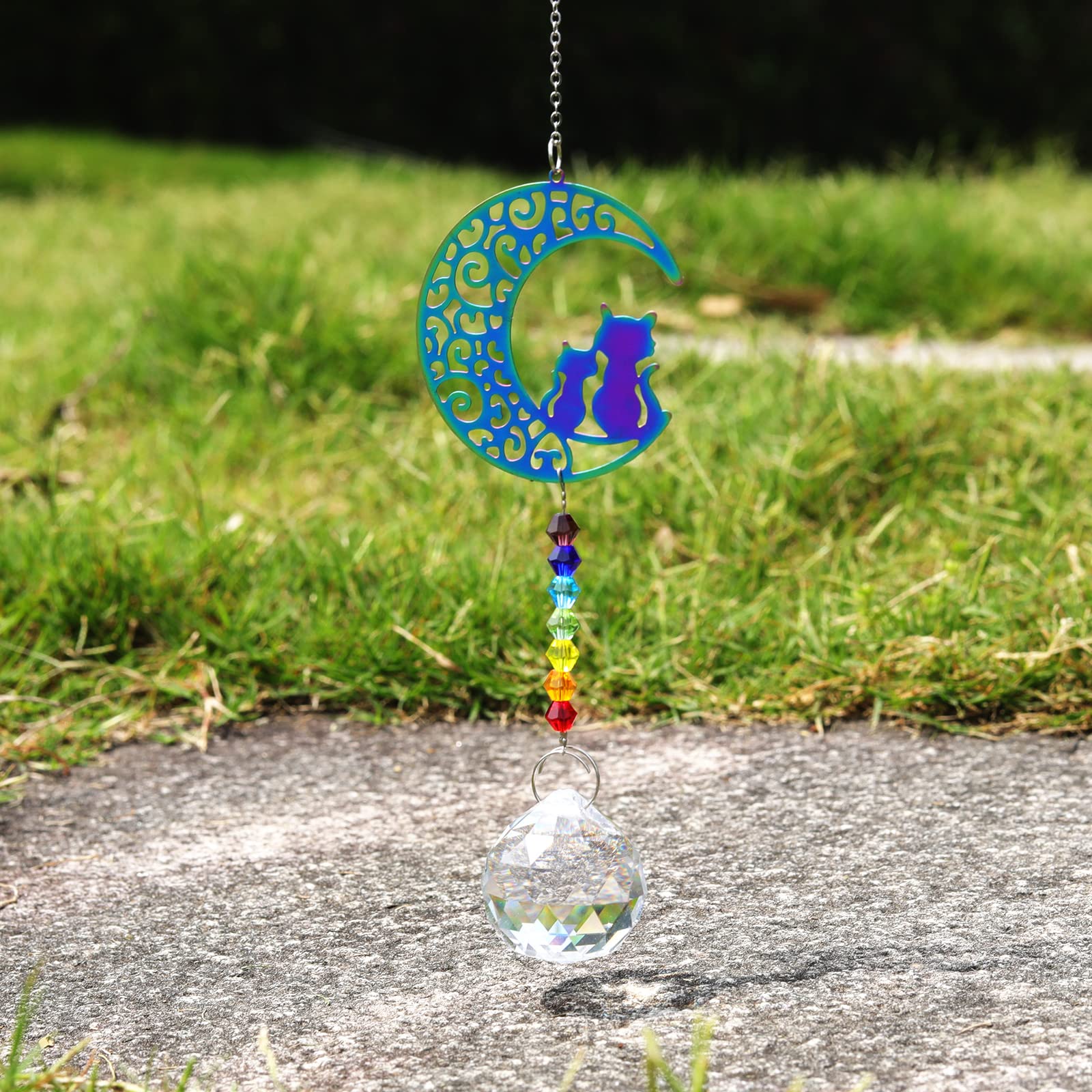 Chakra Beads Moon Cat Crystal Ball Prism Pendant - Rainbow Maker Hanging Suncatcher Ornament for Home Decor & Protection | Perfect for Windows, Meditation Spaces & Spiritual Healing