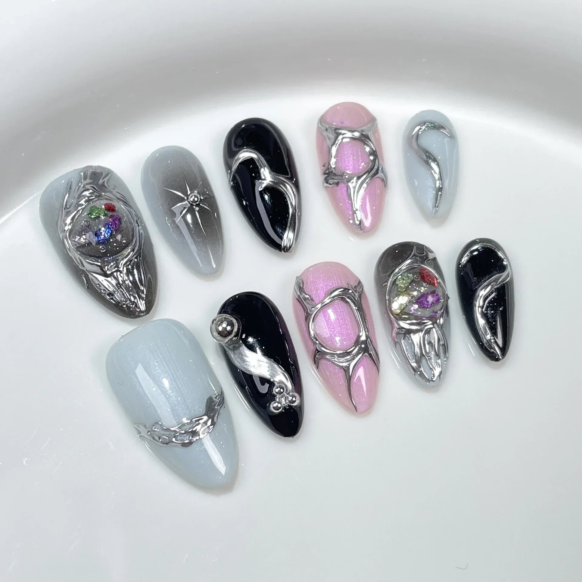 10Pcs Blue Handmade Almond Press on Nails - French Design with Rhinestones & Glitter | Full Cover Fake Nail Tips for Manicure | Perfect for Parties, Weddings, and Special Occasions