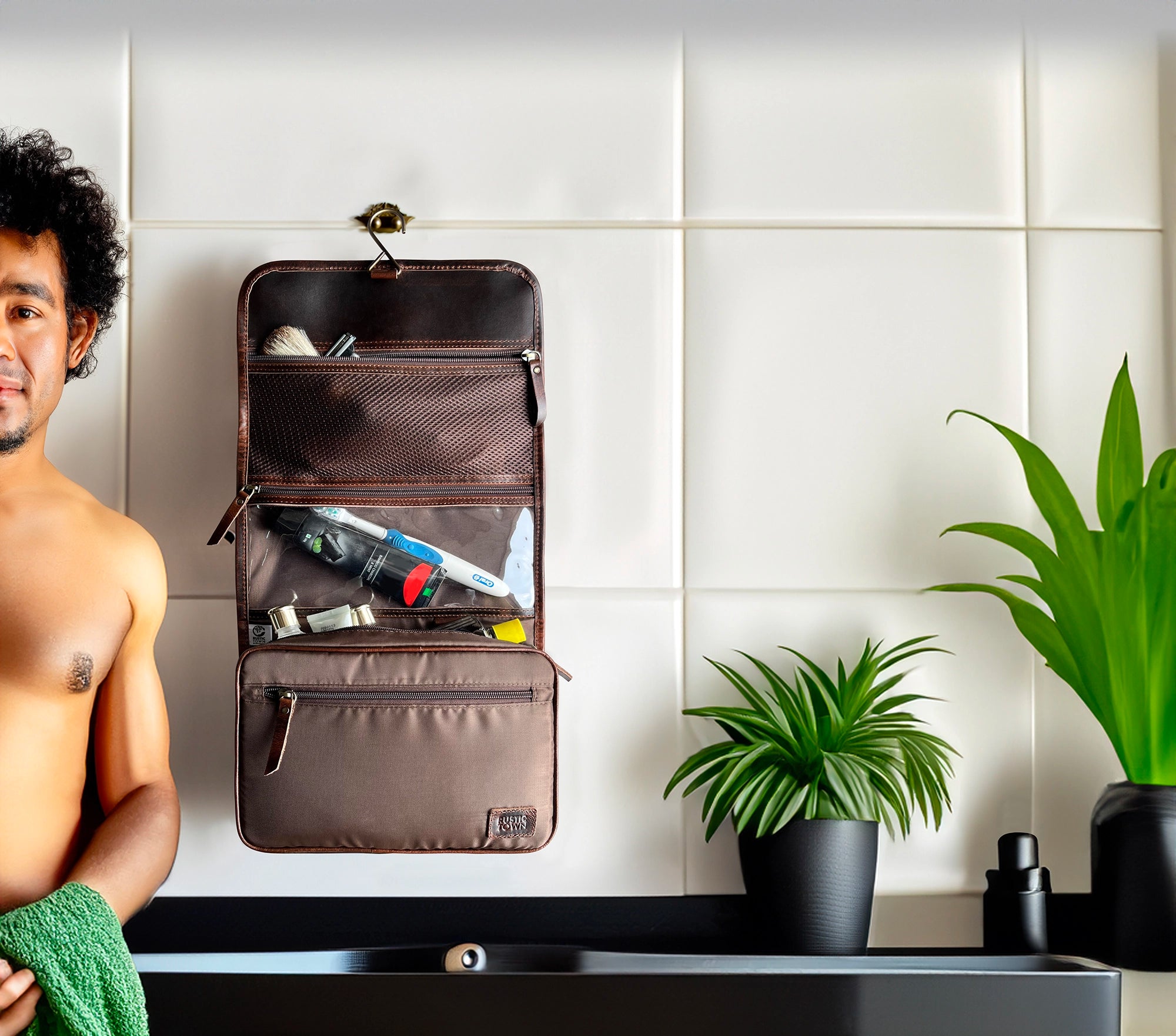 Premium Leather Hanging Toiletry Bag for Men & Women - Travel Cosmetic Organizer with Multiple Pockets - Perfect for Vacation, Gym, Camping & Business Trips