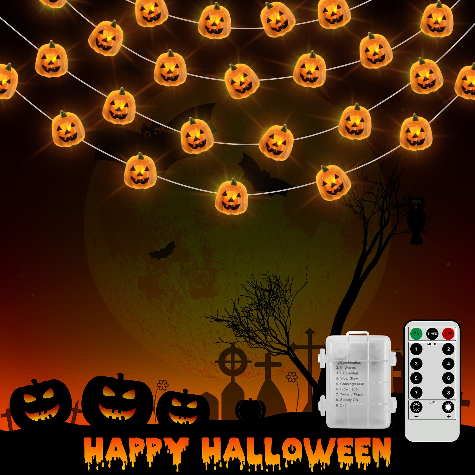 TMXP Halloween String Lights - 16.4ft 50 LED Battery Operated Pumpkin Lights with Remote Control & 8 Lighting Modes | Perfect for Indoor/Outdoor Halloween Decorations, Window, Porch, Stair, Bar, Party, Yard, Garden