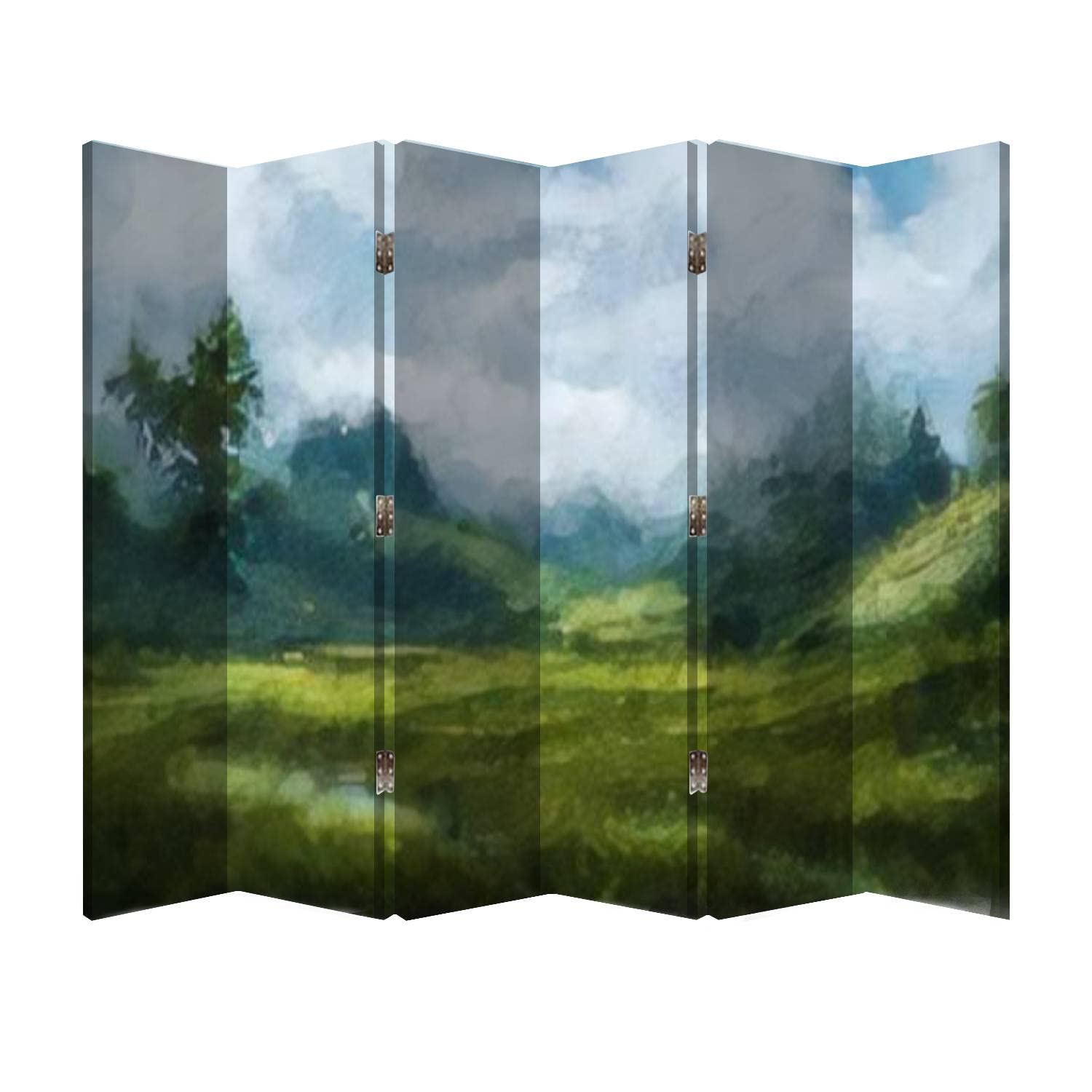 6 Panel Wooden Folding Room Divider Screen with Summer Meadow Landscape Painting - Canvas Privacy Partition for Office, Bedroom & Living Room Decor | Perfect for Home, Workspace & Studio Separation