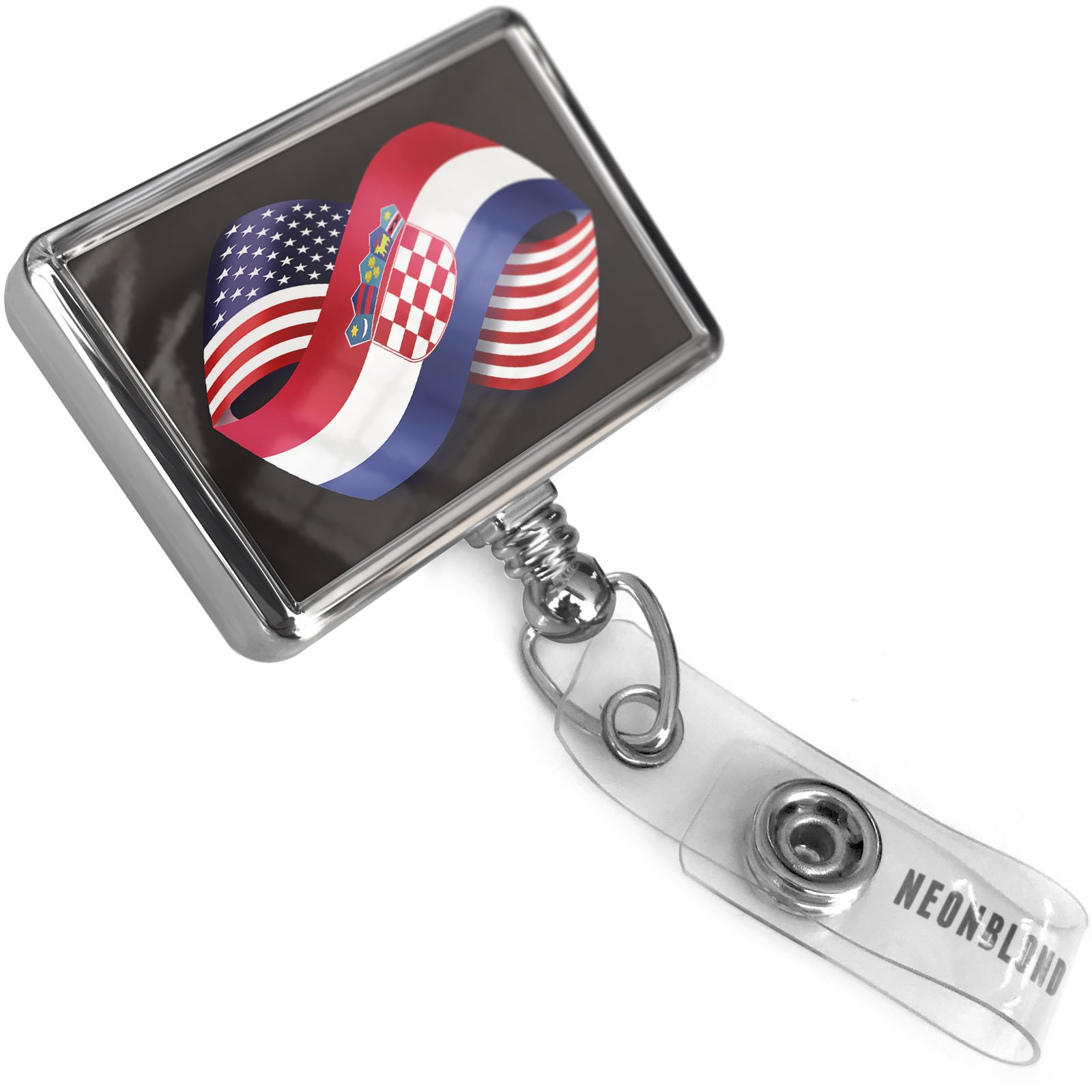 Retractable ID Badge Reel with USA Croatia Flags & Bulldog Clip - for Work, Events, Travel