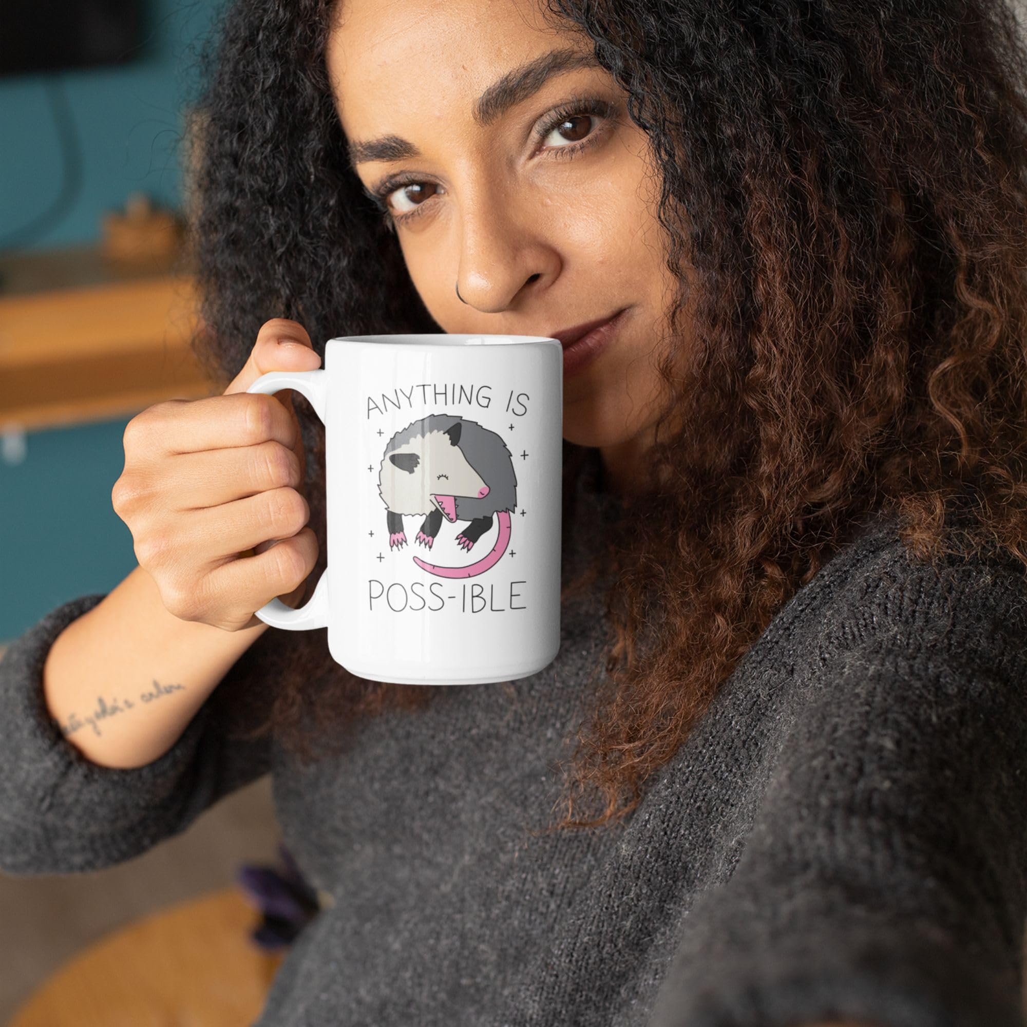 Funny Possum Coffee Mug - 15oz Double-Sided Print Ceramic Cup with 'Anything Is Poss-ible' Design | Novelty Gift for Women & Men | Perfect for Office Humor, Housewarming Gifts & Coffee Lovers