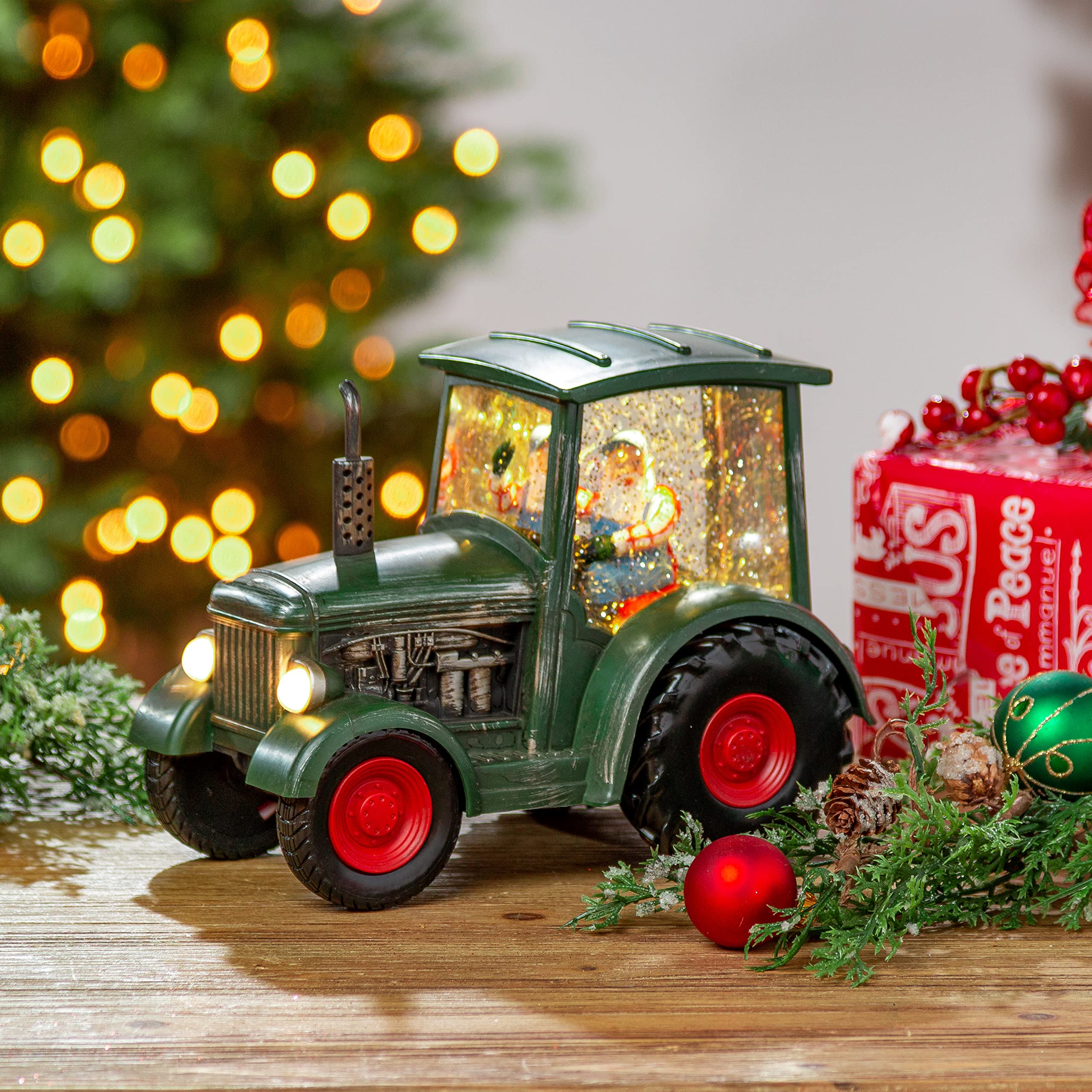 8.75-Inch Long Battery-Operated Spinning Water Globe Tractor with Santa - Christmas Timer Feature for Home & Office Holiday Decorations