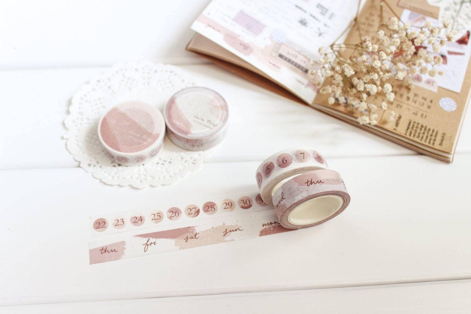 Beige Days & Numbers Washi Tape - Decorative Japanese Paper Tape for Scrapbooking, Journaling, Bullet Planner & DIY Crafts - Perfect for Calendars, Organizers & Creative Projects