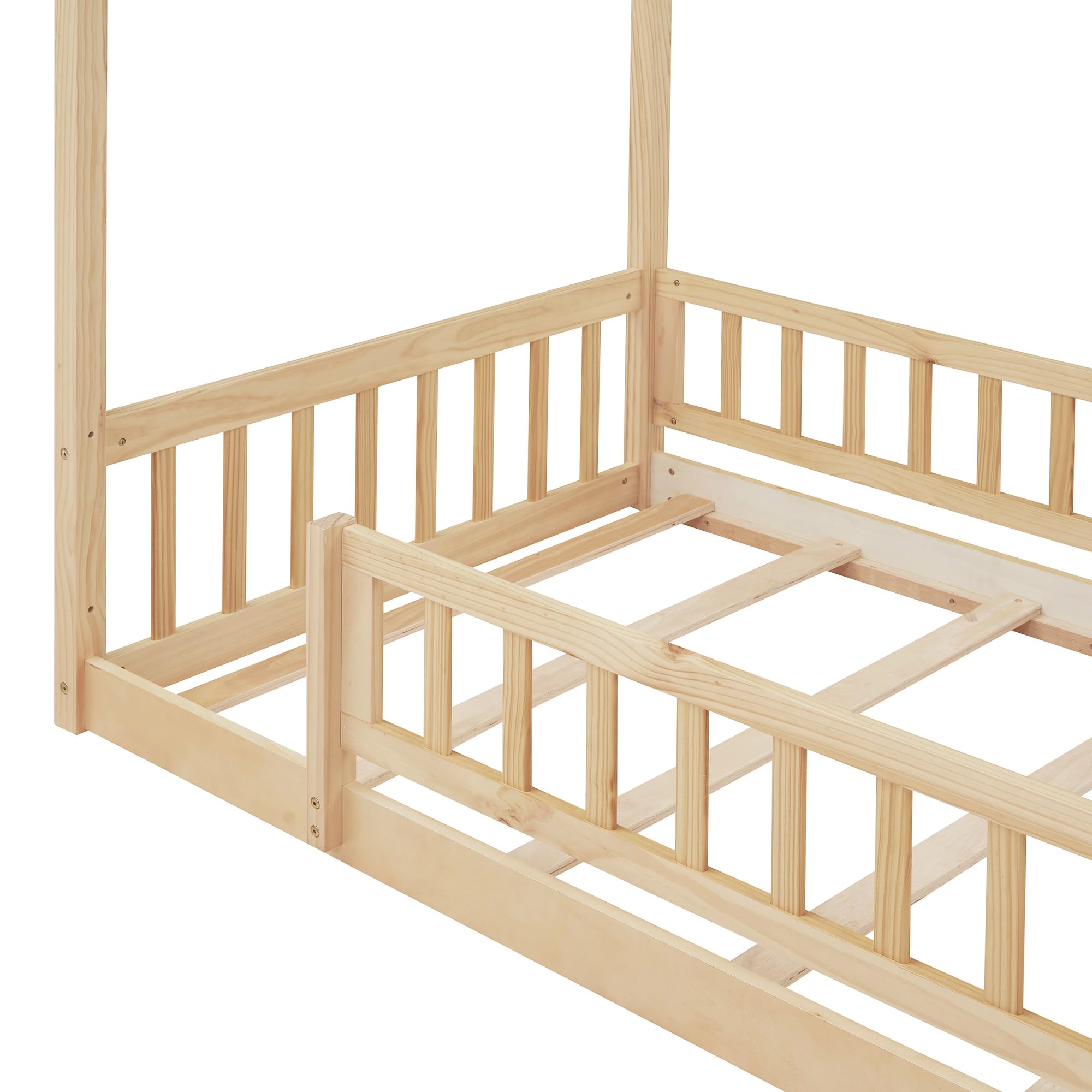 Montessori Twin Size Floor Bed for Kids - Wooden Bed Frame with Safety Fence Railing for Boys & Girls - No Box Spring Needed - Natural Finish - Perfect for Toddler Rooms & Montessori Classrooms