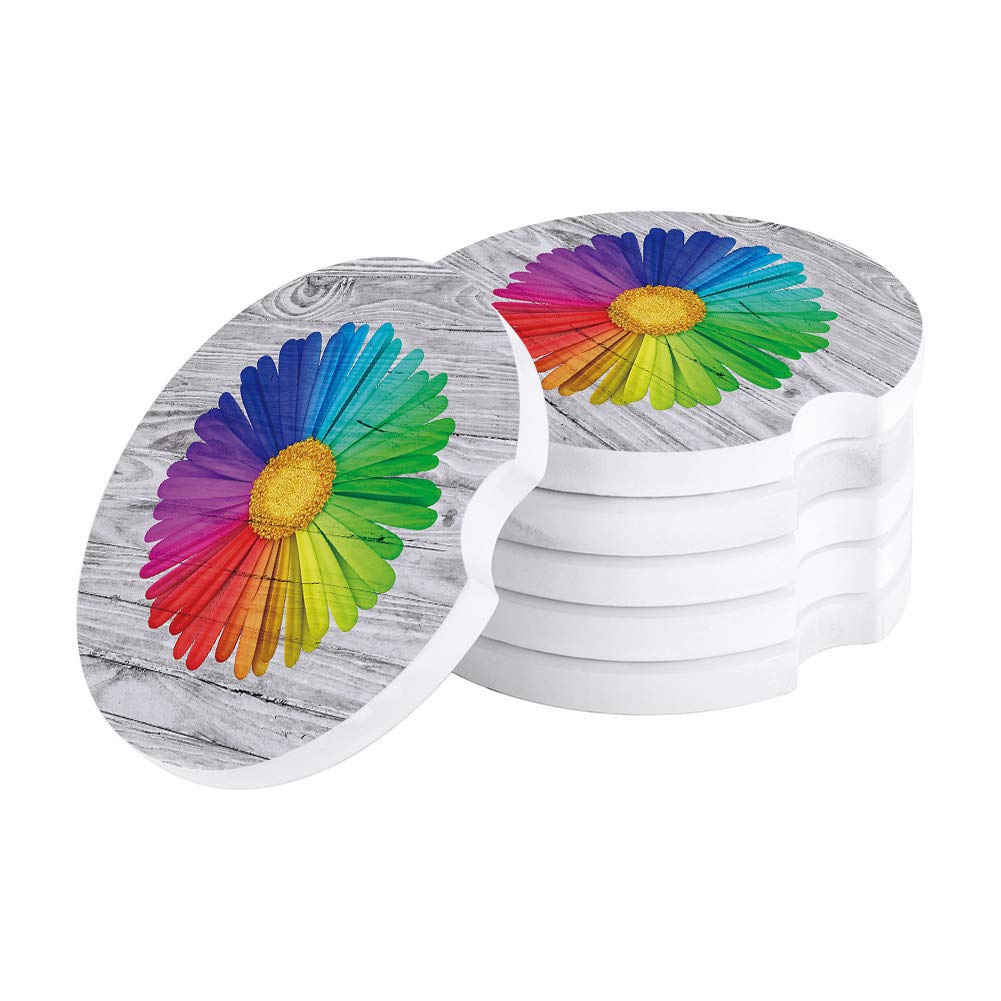 6-Pack Absorbent Ceramic Car Coasters for Cup Holders - Non-Slip Auto Drink Coasters with Finger Notch for Easy Removal, Colorful Daisy Design on Wooden Base - Perfect for Cars, Trucks, SUVs & Road Trips