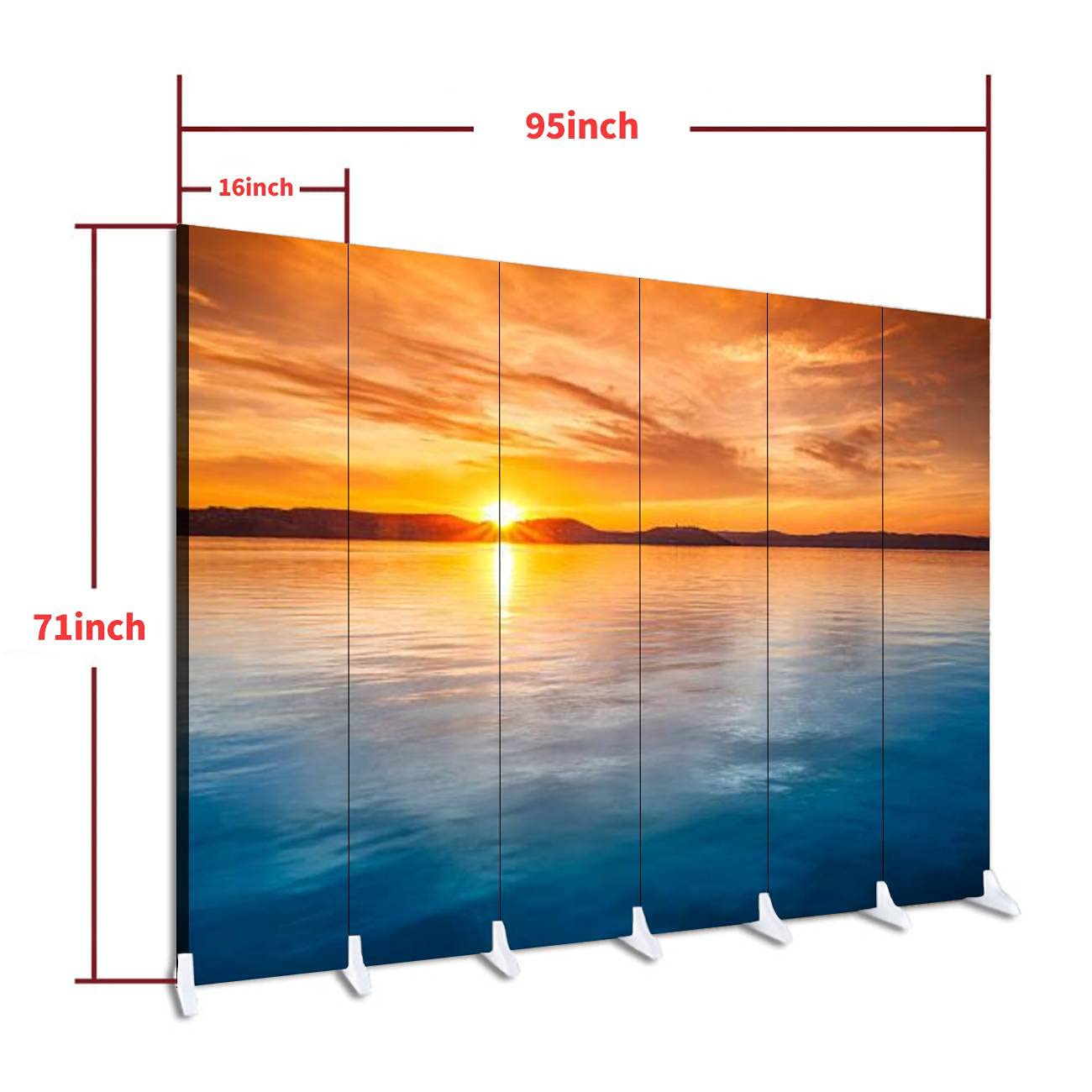 6-Panel Wood Screen Room Divider - Sunset Water Folding Privacy Partition with Dual-Sided Canvas Panels for Indoor Display & Shelves | Perfect for Home Office, Bedroom Separation & Decorative Wall Art