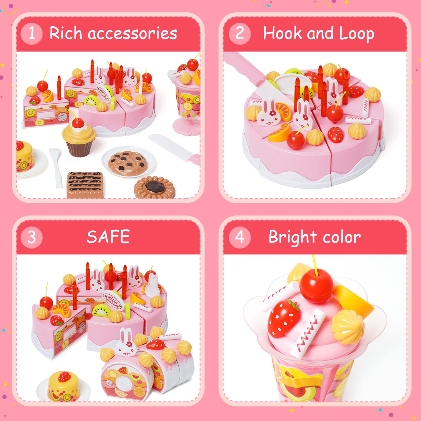 75PCS Pretend Play Birthday Cake Toy Set - Cutting Play Food with Candles, Plates, Ice Cream, Pudding & Cookies - Perfect for Princess Themed Birthday Parties & Role Play Games (Ages 3+) | Great for Kids' Parties, Preschool Learning & Imaginative Play