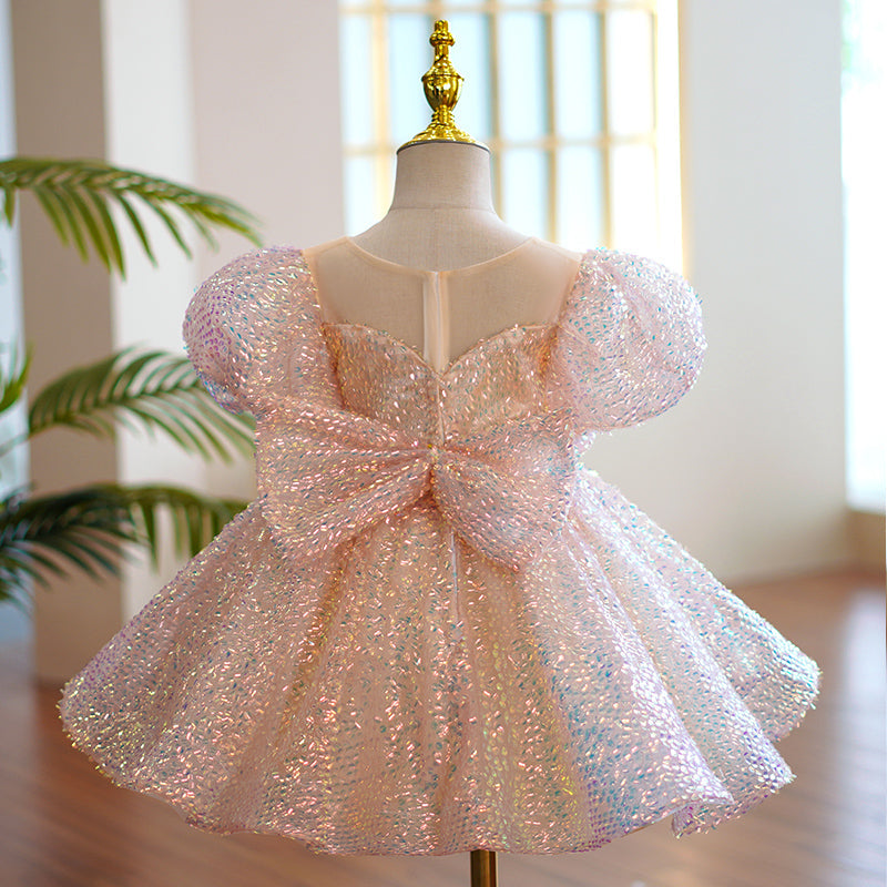 Sparkly Pink Sequin Princess Dress for Girls - Short Puff Sleeves Party Dress | Perfect for Birthday, Pageant, Dance Recital & Special Occasions