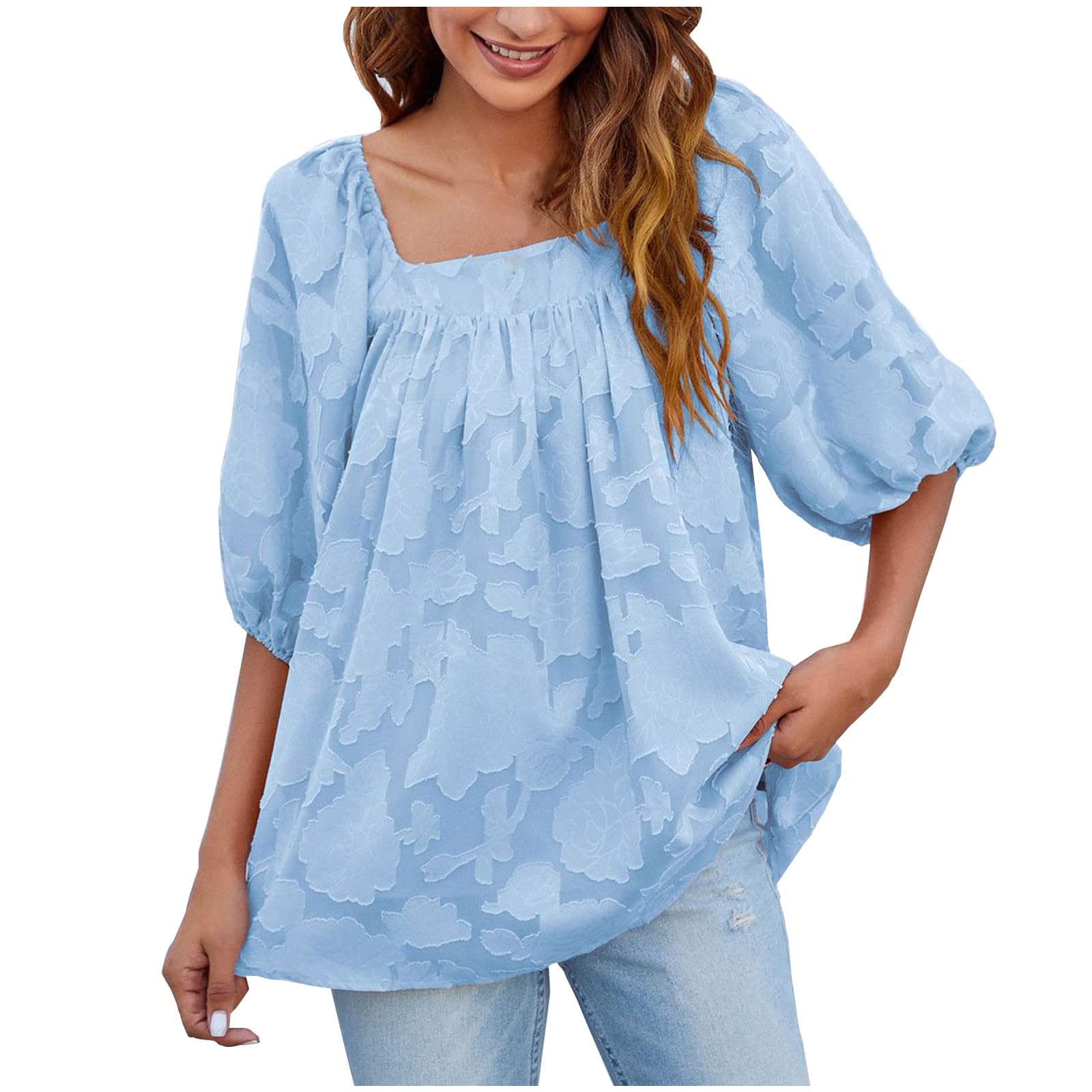 Floral Print Square Neck Short Sleeve Blouse for Women - Elegant Work Tops & Dressy Swing Shirt for Office, Date Night & Summer Outfits