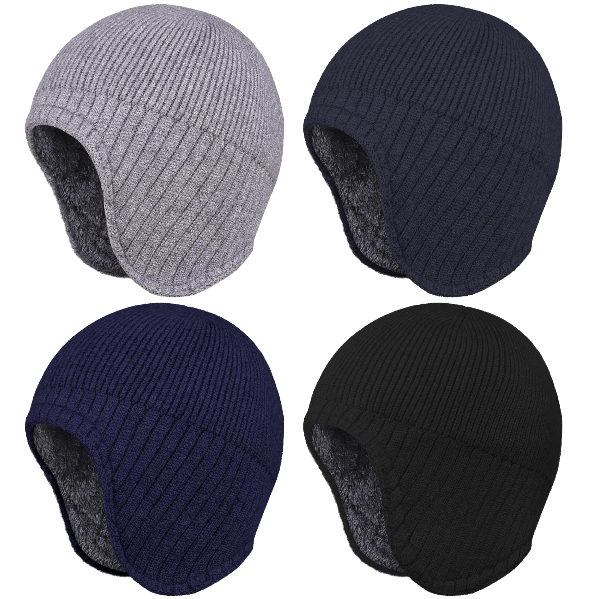 Apoway 4 Pack Winter Warm Fleece-Lined Earflap Beanie Hat for Men & Women - Stretchy Skull Cap with Ear Covers for Cold Weather, Outdoor Activities, Skiing & Snowboarding