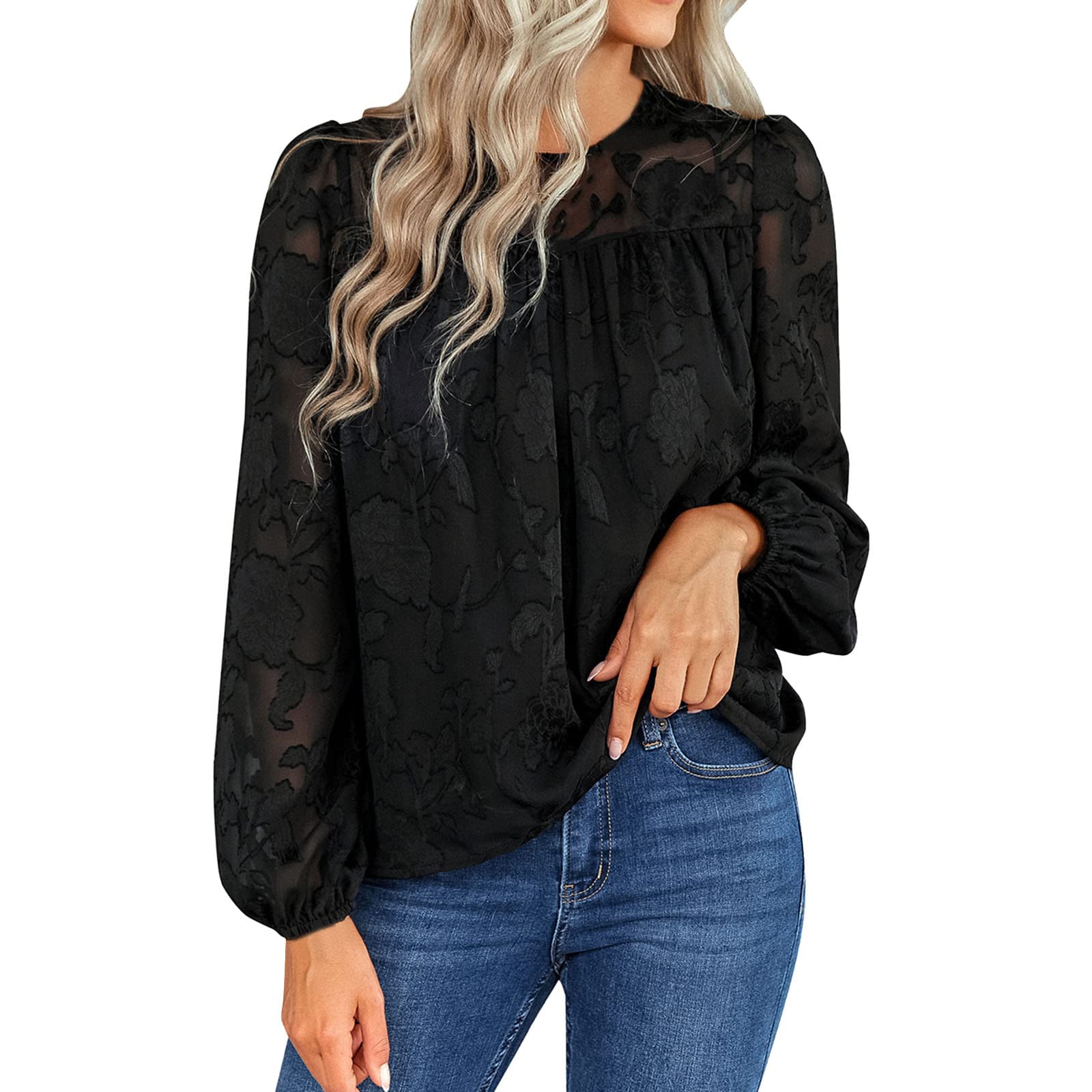 Women's Floral Textured Mock Neck Long Sleeve Blouse - Crewneck Babydoll Top for Summer Work & Office Wear | Casual Elegant Ladies Tops for Business, Date Night & Daily Outfits