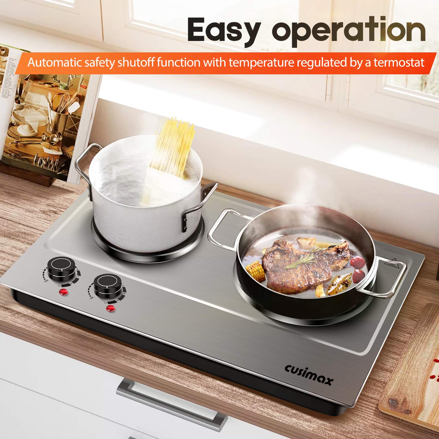 CUSIMAX 1800W Double Burner Electric Hot Plate - Stainless Steel Portable Cooktop with Cast Iron Heating Plates | Easy Clean Countertop Burner for Home, Office & Camping Cooking | Upgraded Version C180N