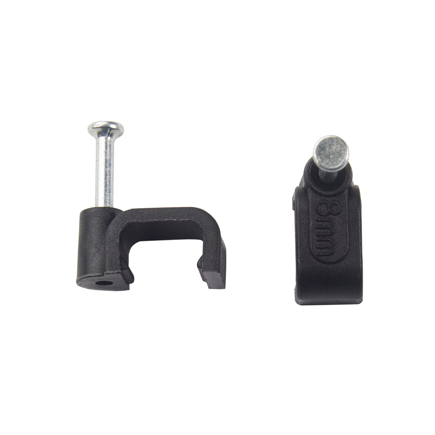 100pcs Black 8mm Square Cable Clips with Steel Nails - Heavy Duty Cable Management Wall Holders for Ethernet, Coaxial & Telephone Wires - Perfect for Home Office, Data Centers & Network Installations (CTFNL_8Hx100)