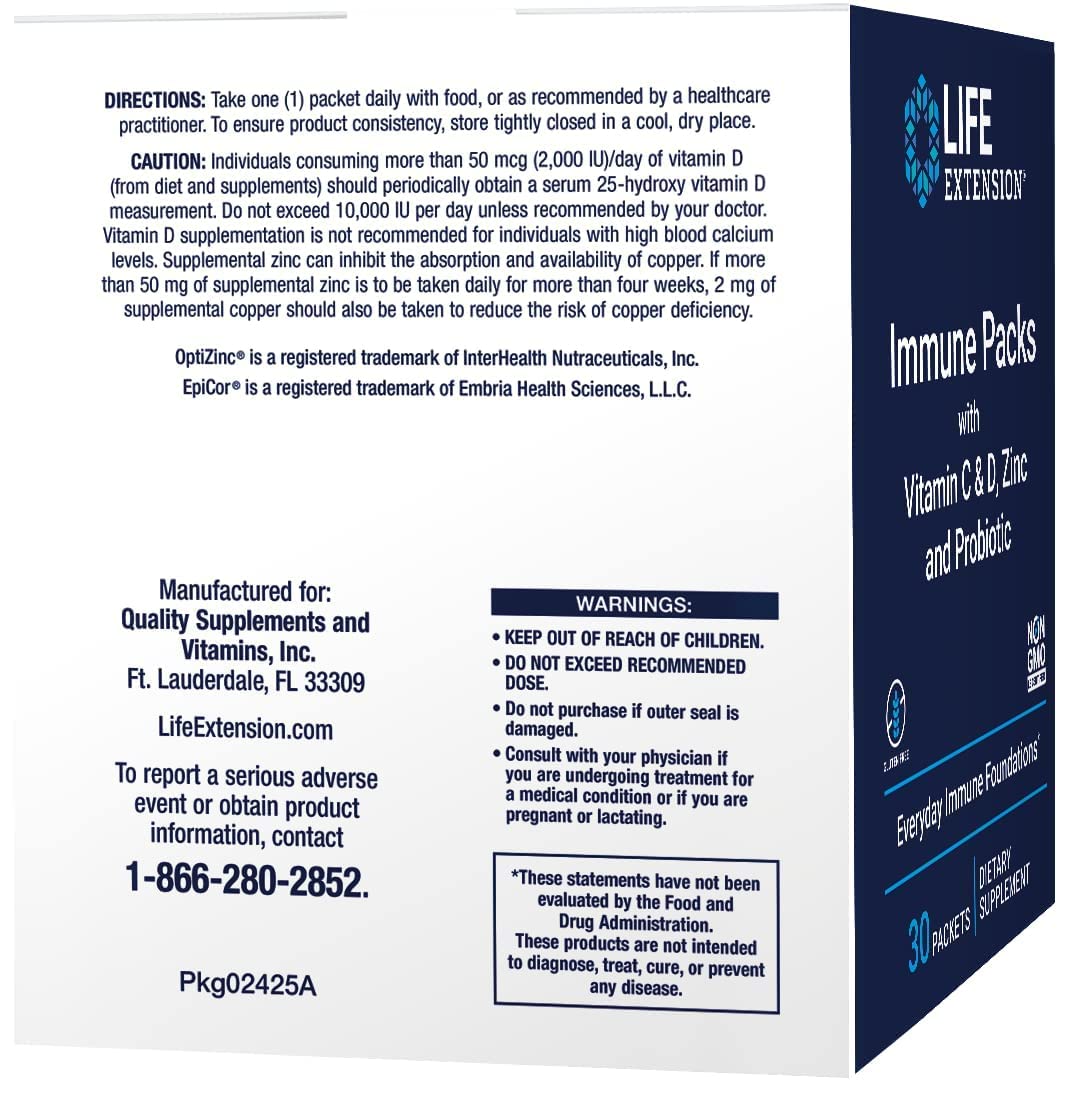 Life Extension Immune Support Packs - Vitamin C, Vitamin D, Zinc & Probiotic Blend (30 Count) - Daily Immune Booster for Adults, Travel & Cold Season Defense