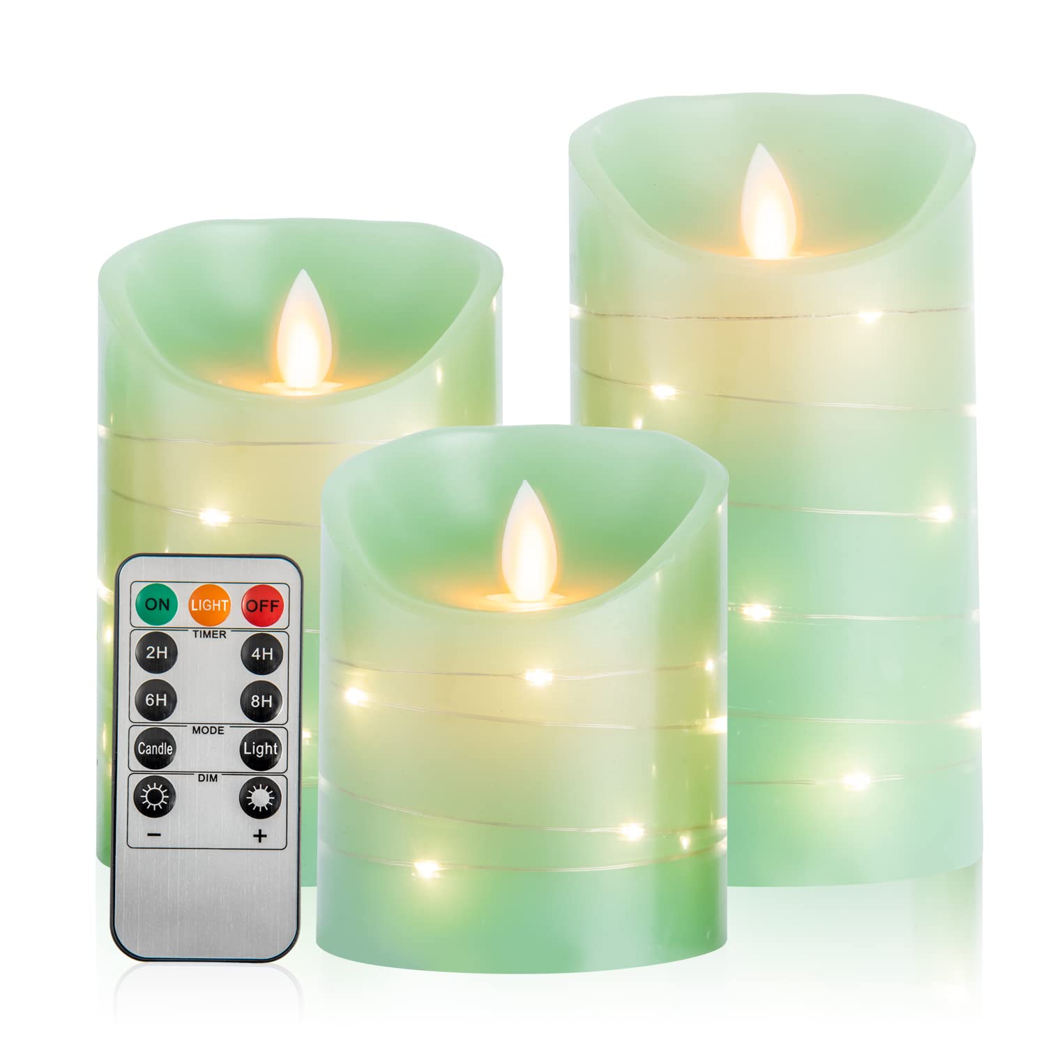 3 Pack Green LED Flameless Candles with Remote - Battery Operated Electric Candles for Home Decor, Christmas, Birthday Party & Garden Decoration - Realistic Fairy Lights for Romantic Ambiance, Wedding Centerpieces and Holiday Lighting