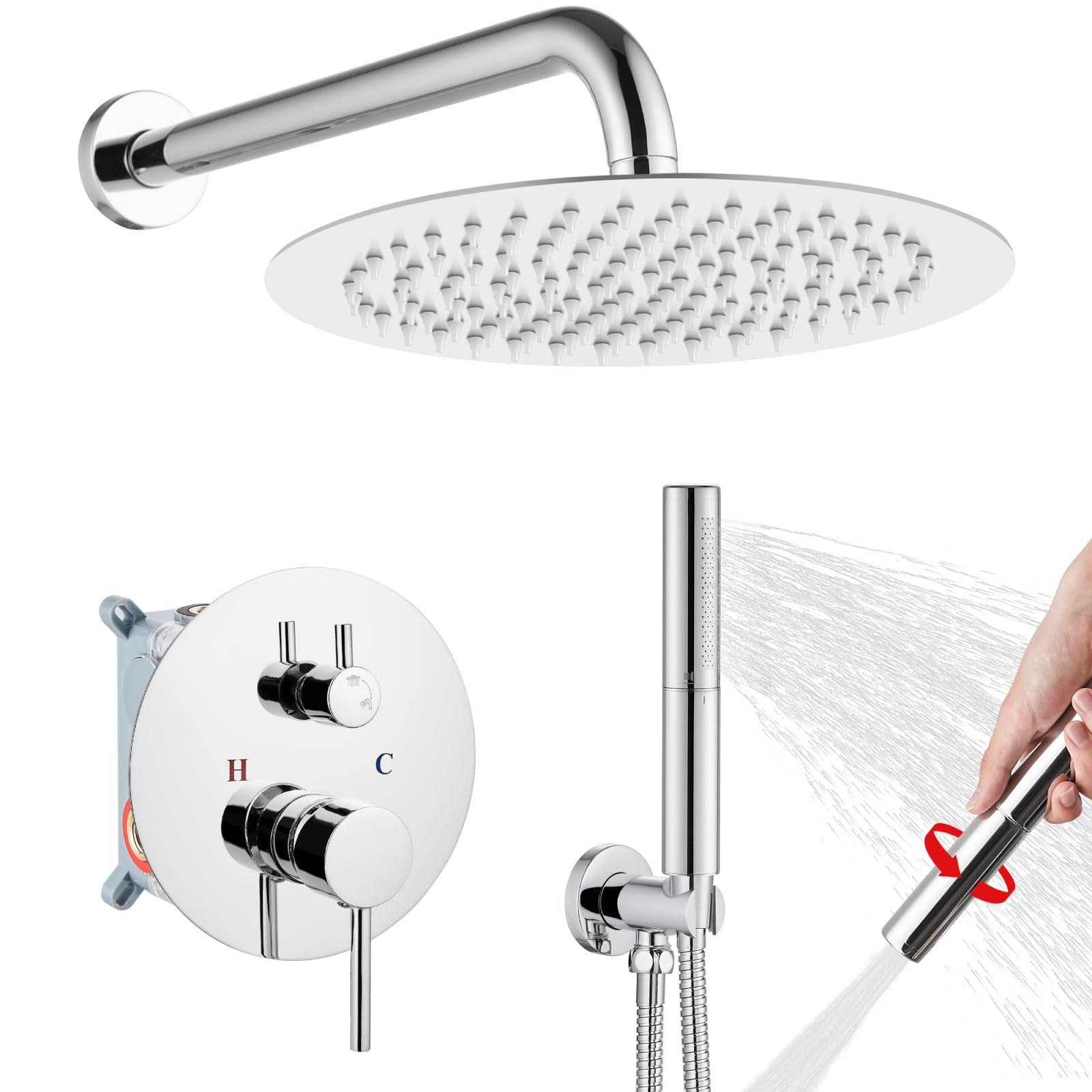 Airuida 2-Function Wall Mounted Shower Faucet Set - High Pressure Brass Handheld Shower with Rough-in Valve & 12 Inch Rainfall Round Shower Head in Chrome Polish for Bathroom | Perfect for Modern Home Spa Experience and Water-Saving Shower Solutions