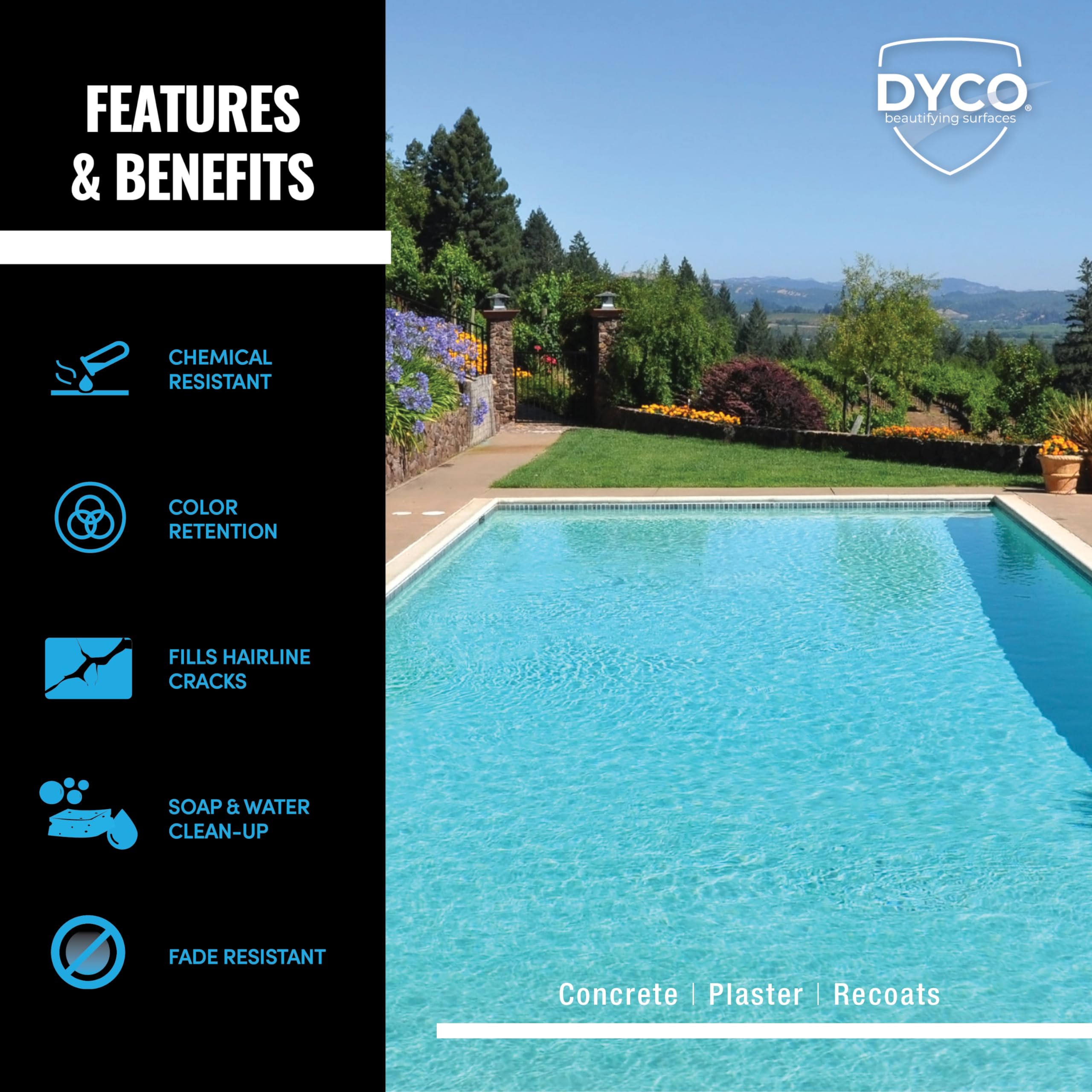 Dyco Waterborne Acrylic Pool Paint - UV, Water, Salt & Chemical Resistant - Prevents Fading & Cracking - Seals Hairline Cracks - Long Lasting 5-8 Years - Ocean Blue (5 Gallon) - Perfect for Inground & Above Ground Pools, Pool Decks & Outdoor Water Features
