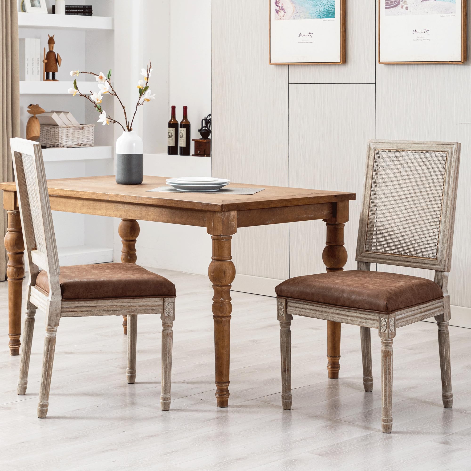 2 Pack Faux Leather Dining Chairs Set - Modern Farmhouse Kitchen Chairs with Rattan Back, French Country Parsons Accent Side Chairs for Living Room, Restaurant, Cafe & Home Decor (Brown) - Perfect for Dining Rooms, Kitchen Islands & Bistro Settings