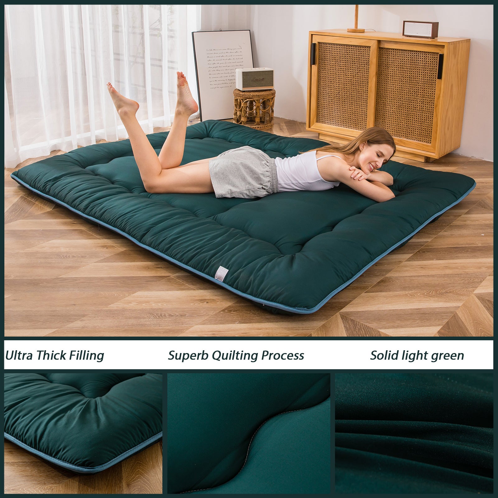 MAXYOYO Japanese Floor Futon Mattress - Dark Green Foldable Sleeping Mat for Guest Bed, Meditation & Small Space Living | Comfortable Tatami Style Floor Bed for Adults