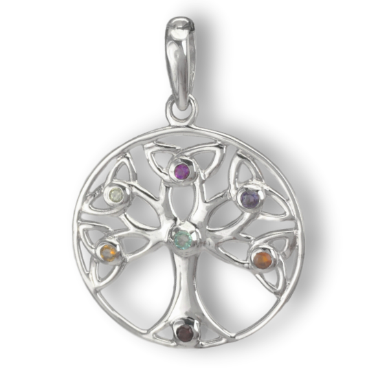 Chakra Gemstone Celtic Tree of Life Sterling Silver Pendant Necklace for Women - Spiritual Healing Jewelry for Meditation, Yoga & Energy Balance