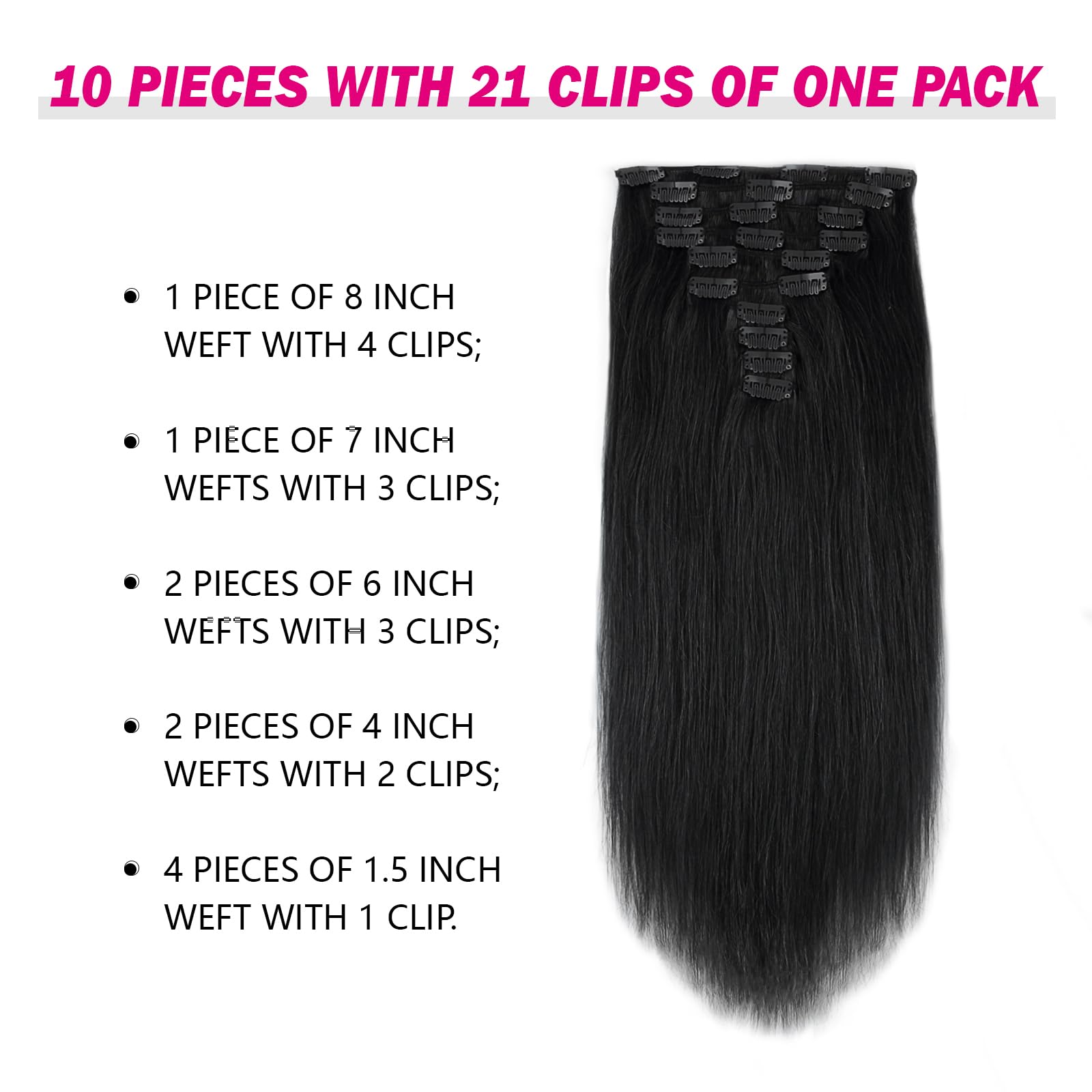 SixStarHair Jet Black Clip In Hair Extensions 180g 10 Pieces 20inch - Remy Virgin Human Hair Double Wefted Thick Sewn In Clip On Extensions for Quick Application - Perfect for Parties, Weddings & Daily Styling [Color 1 Jet Black 20inch]