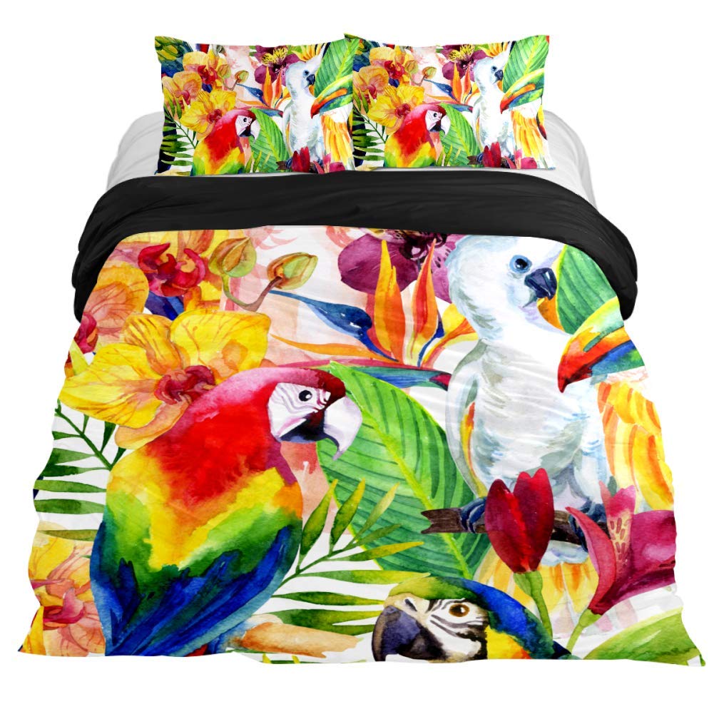 Anna Cowper Watercolor Parrots with Tropical Flowers 3-Piece Duvet Cover Set - King/Queen/Full/Twin Size, Soft Comforter Cover with Zipper Closure & 4 Corner Ties - Perfect for Tropical Bedroom Decor, Guest Room Makeover & Vacation Home Styling