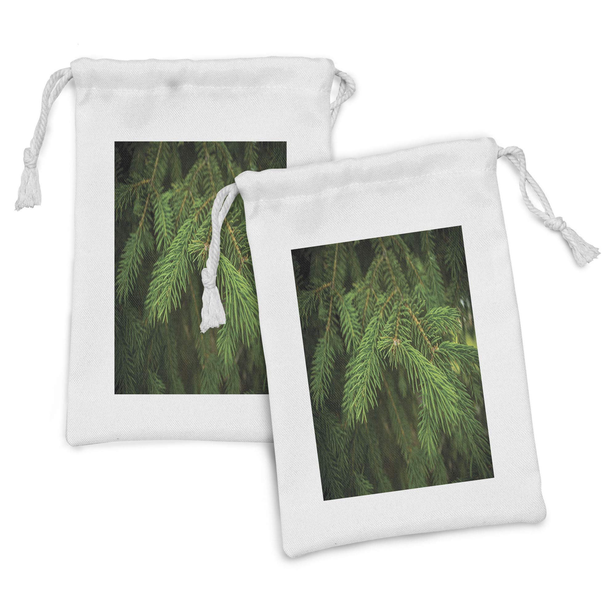 Ambesonne Evergreen Fabric Pouch Set of 2 - Fir Branch Pattern Drawstring Bags for Toiletries, Travel Essentials & Party Favors (9