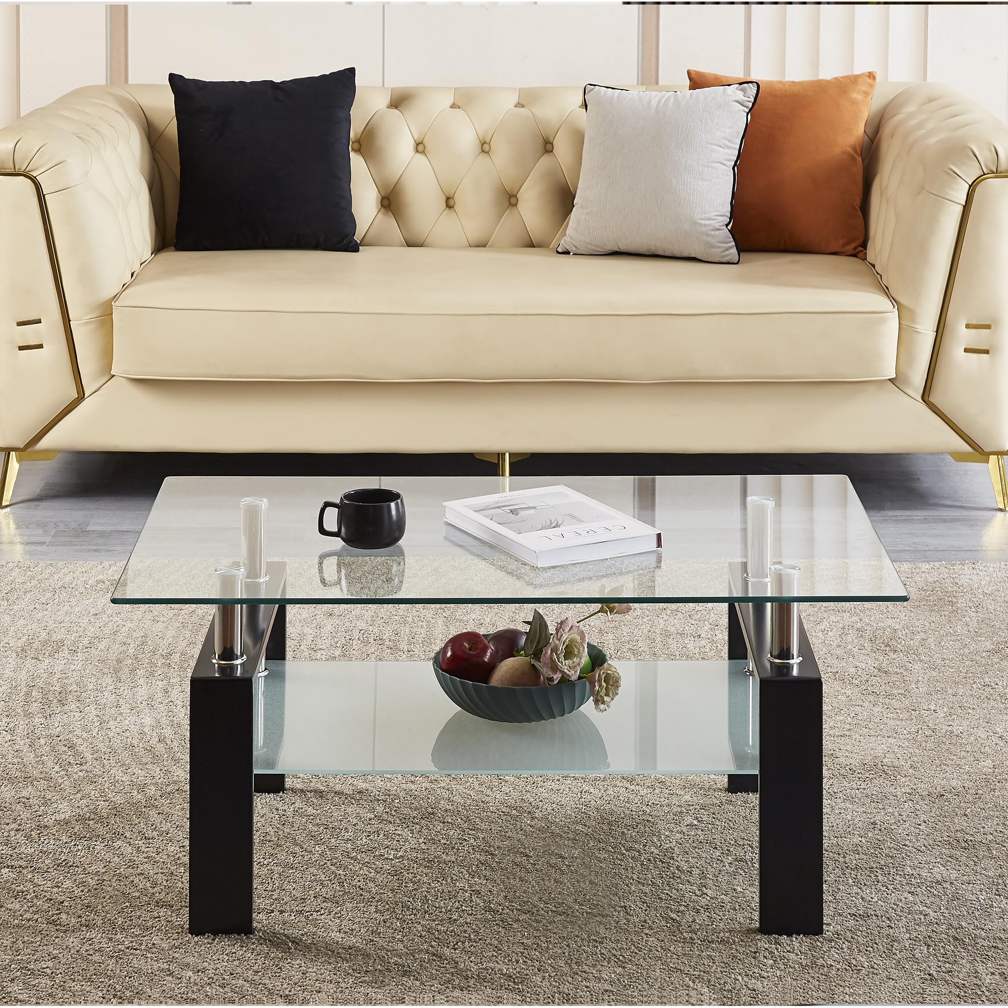 Modern Clear Glass Coffee Table Set of 3 with Black Metal Legs - Transparent Waterfall Living Room Tables for Small Spaces - Perfect for Apartments, Condos & Contemporary Home Decor