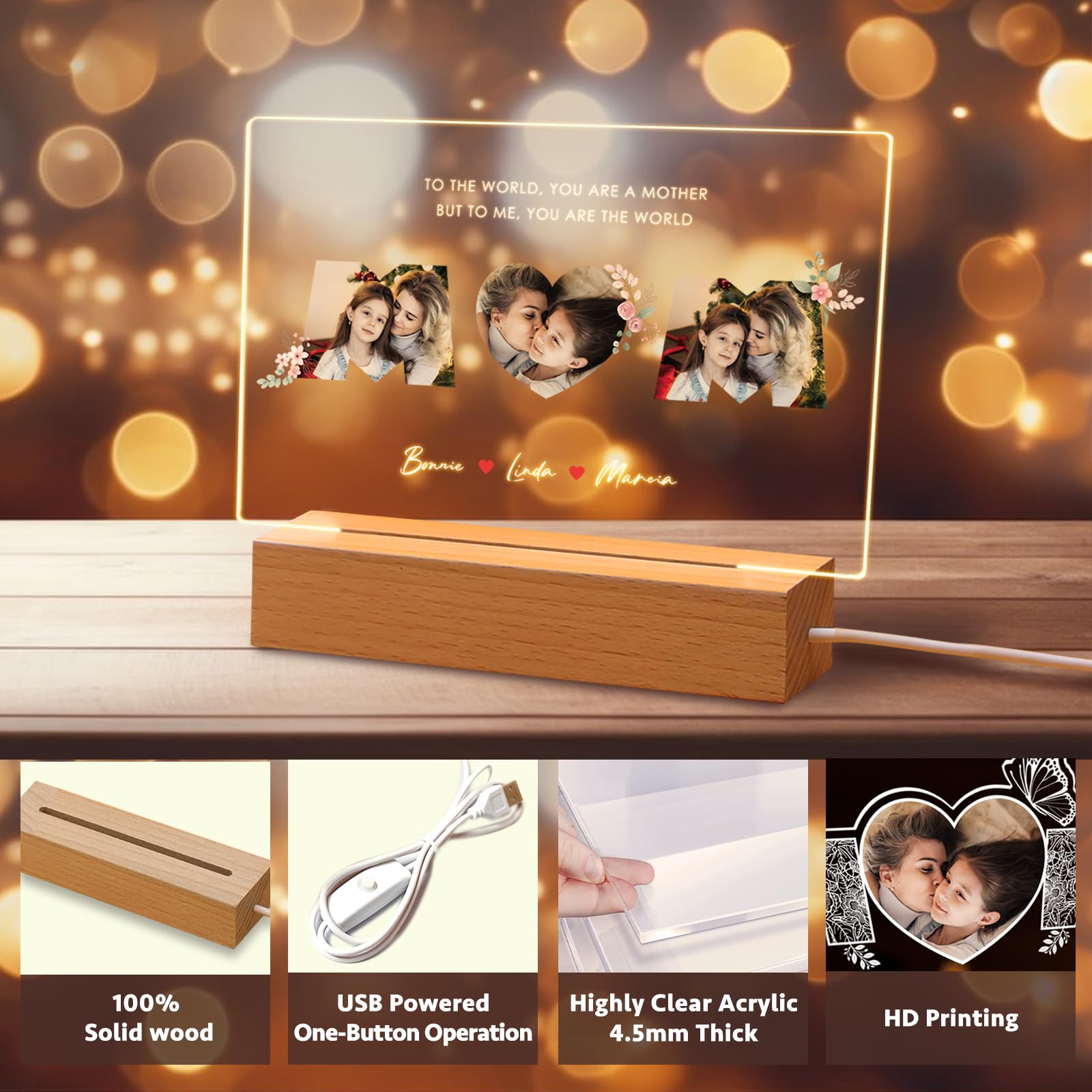 Custom Acrylic Plaque with Photo - Personalized Mother's Day & Birthday Gift for Mom from Daughter or Son - Unique Night Light for Bedroom, Nursery, or Office Decor