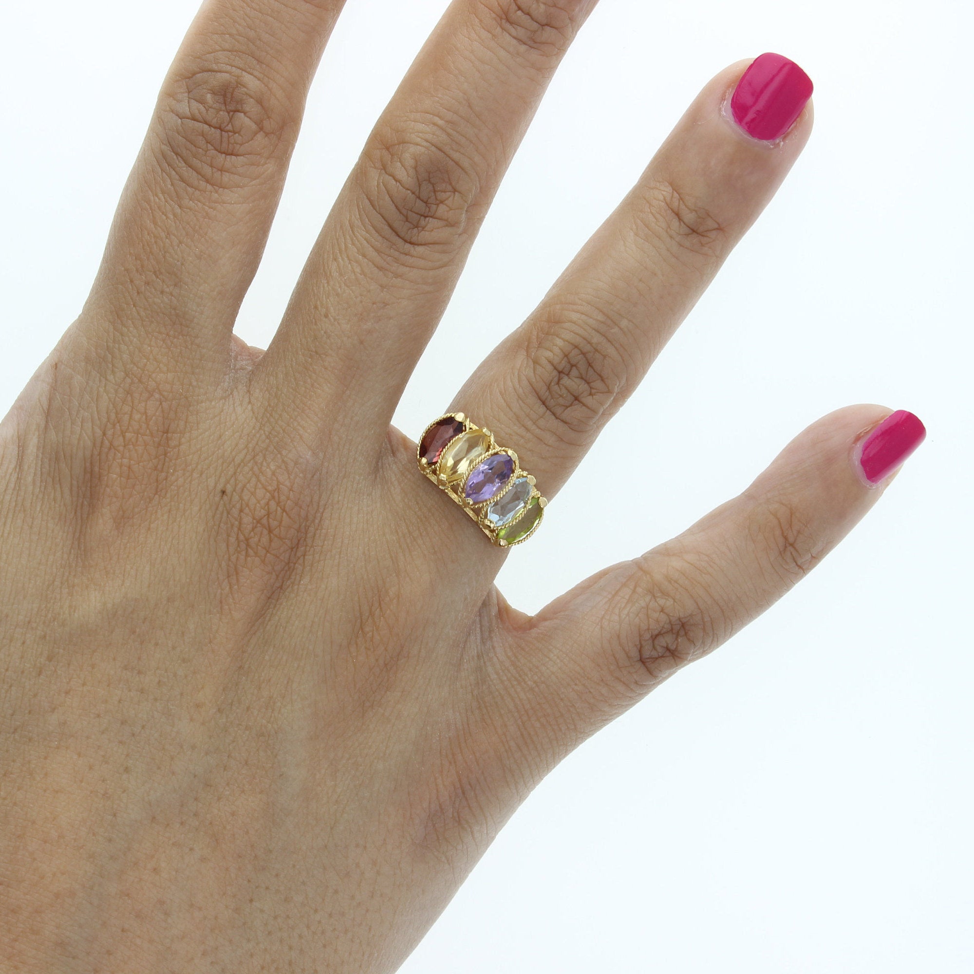 14K Yellow Gold Gemstone Ring with Garnet, Citrine, Amethyst, Aquamarine & Peridot - Elegant Birthstone Jewelry for Women, Perfect Gift for Anniversary, Birthday & Special Occasions