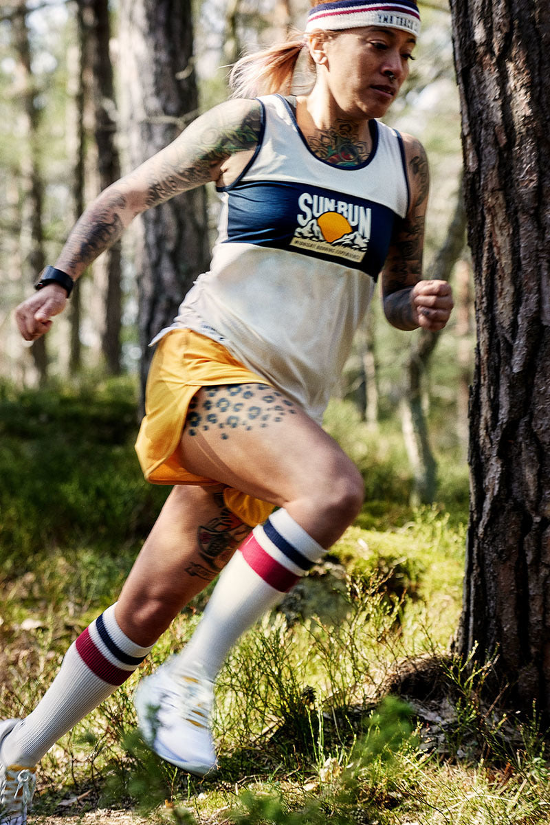 Sun Run Women's Singlet - Breathable Running Top in Off White & Estate Blue | Perfect for Marathons, Workouts & Outdoor Sports