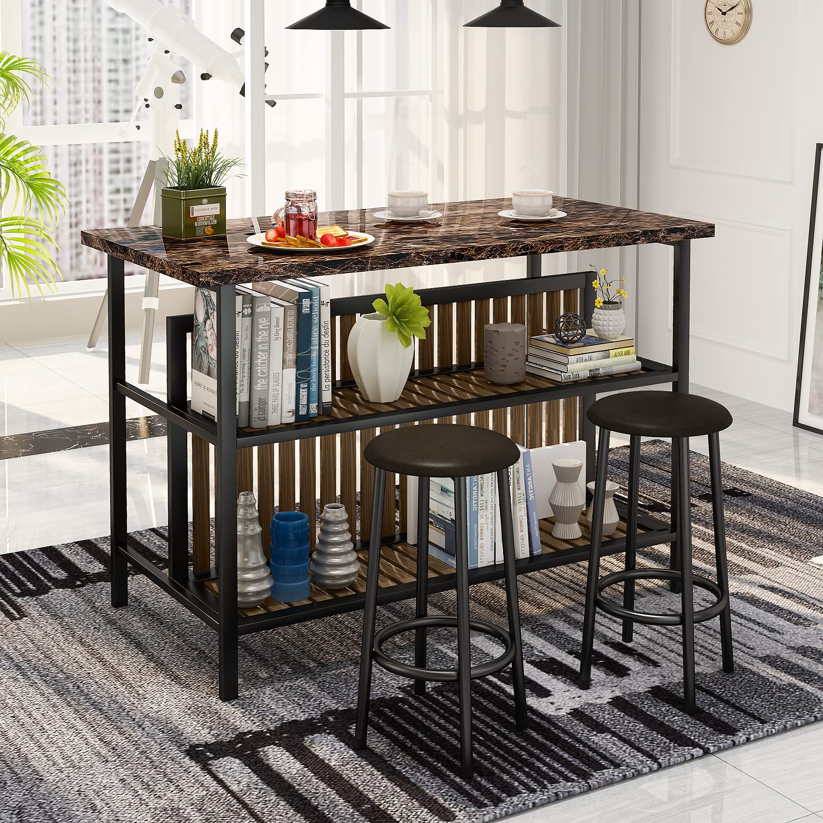 AWQM 3-Piece Wooden Bar Table Set with Storage & Seating - Kitchen Island Counter Height Dining Set in Brown - Perfect for Small Spaces, Breakfast Nook & Entertaining Guests