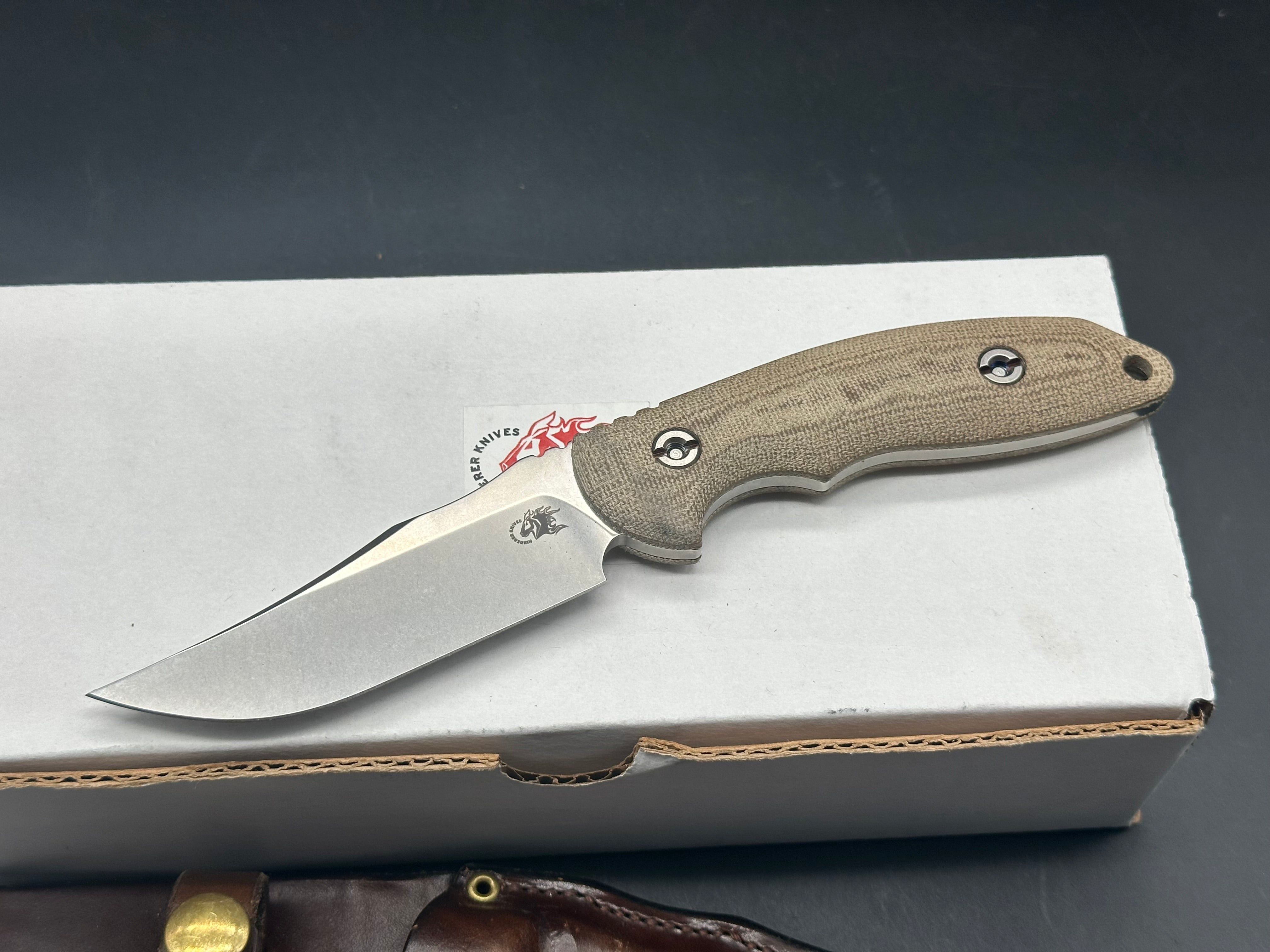 Hinderer Emmett Bowie Fixed Blade Knife - 20CV Stonewashed Steel, Green Micarta Handle - Hunting, Camping, Outdoor Survival Gear