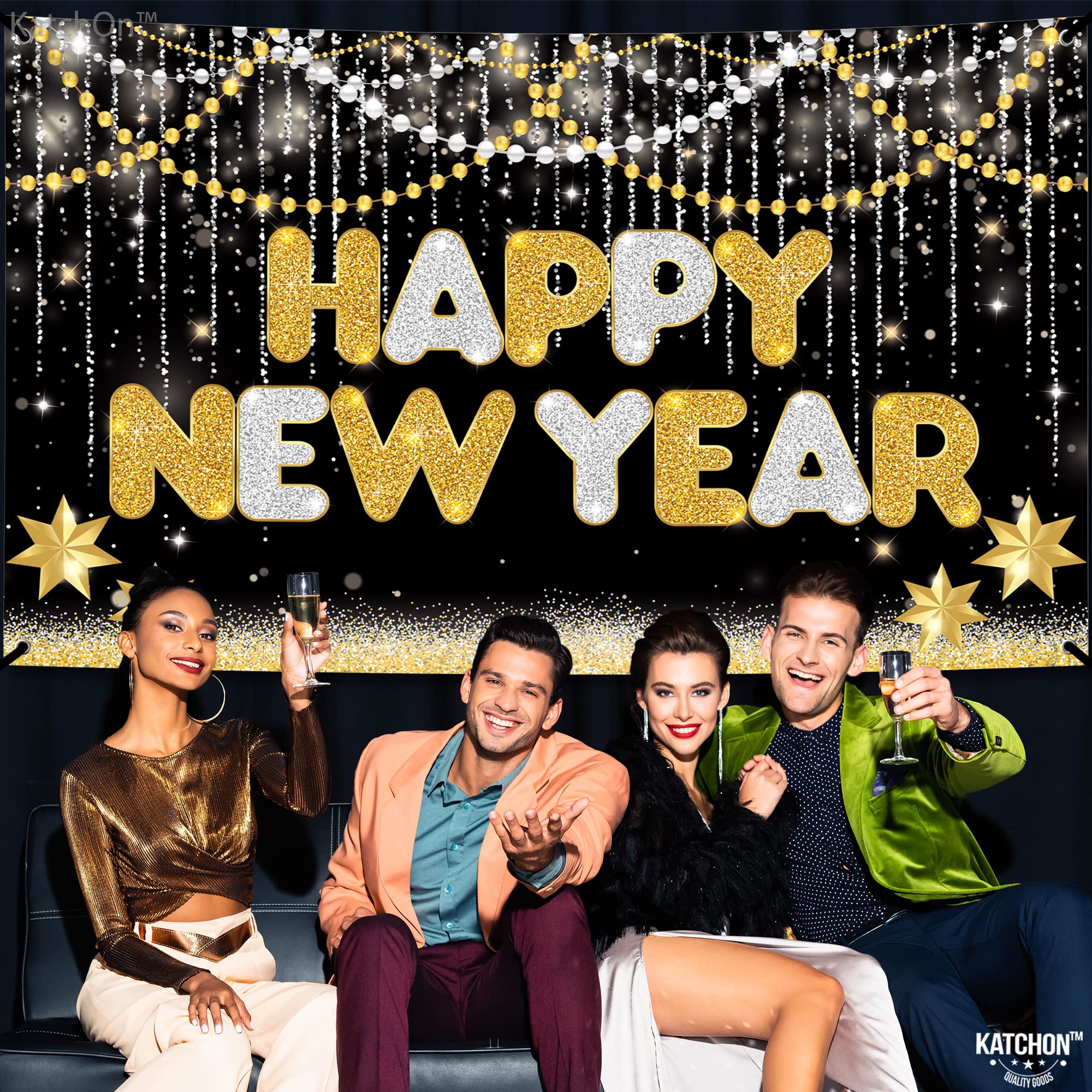 KatchOn Extra Large Happy New Year Banner - 72x44 Inch New Year Backdrop for 2025 | NYE Party Decorations, New Year's Eve Supplies & Festive Wall Decor | Perfect for Home, Office & Event Celebrations