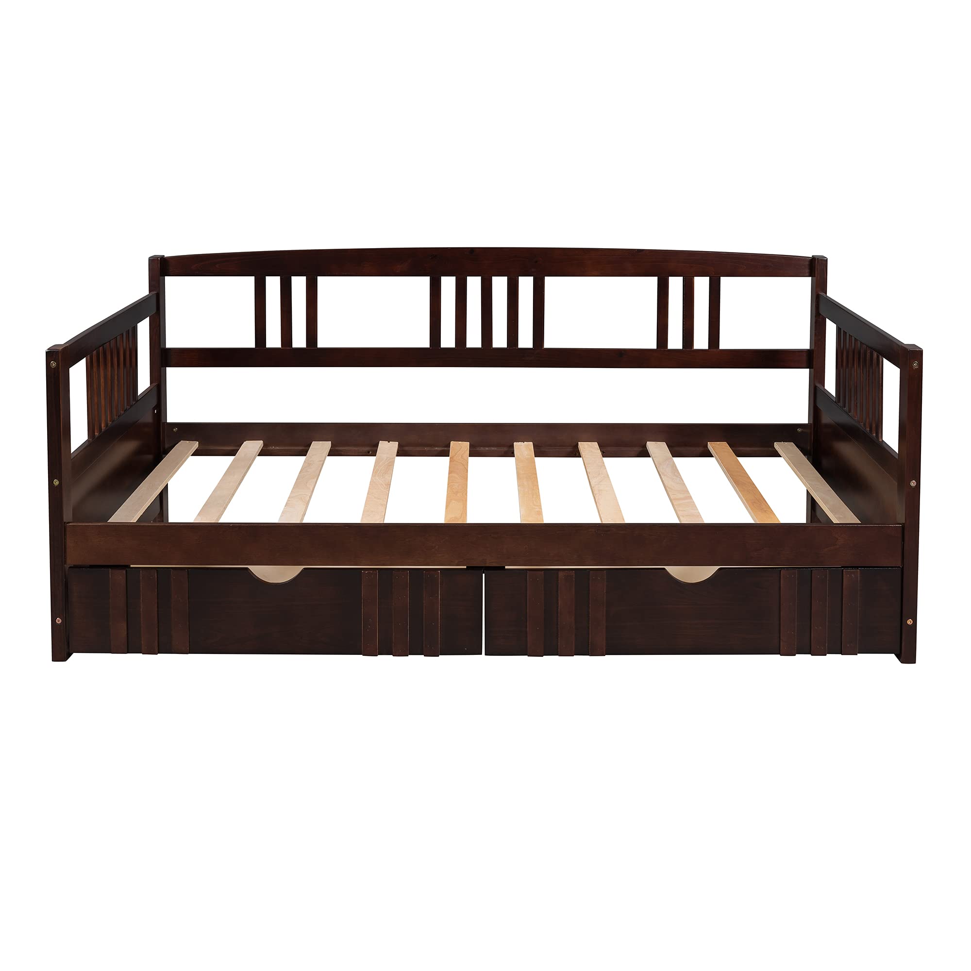 P PURLOVE Twin Size Wooden Daybed with Rails & Drawers - Modern Espresso Finish, Solid Wood Slat Support - Perfect for Guest Rooms, Small Spaces & Multi-Functional Living Areas