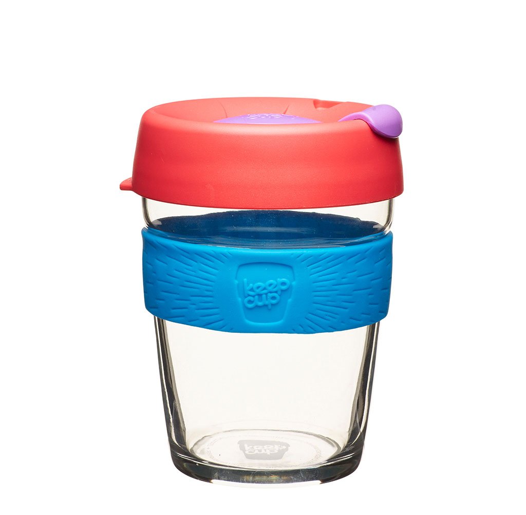 KeepCup 12oz Reusable Coffee Cup - Eco-Friendly Toughened Glass Travel Mug with Non-Slip Silicone Band, 12-Ounce/Medium Size in Hibiscus - Perfect for Office, Commuting & Outdoor Coffee Lovers