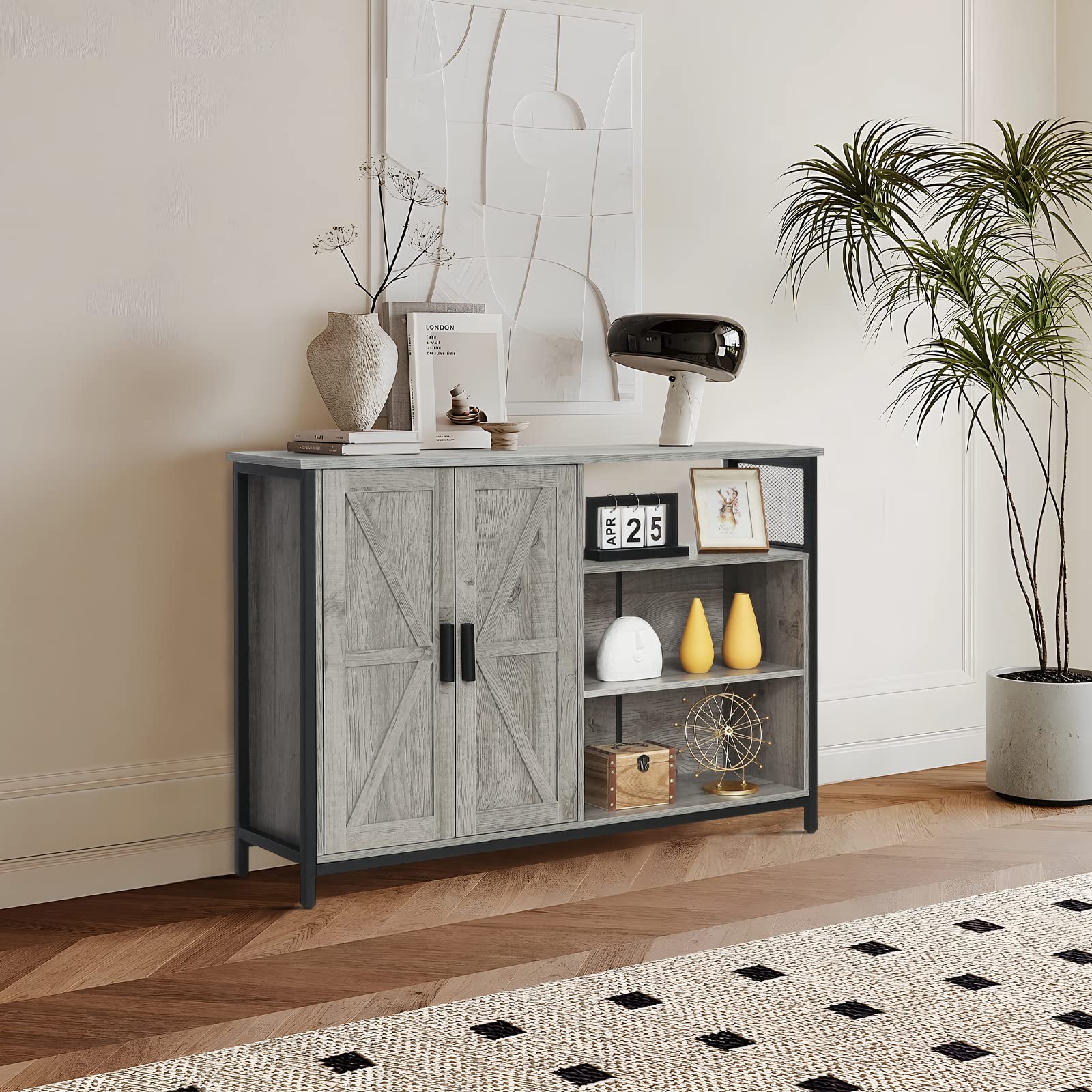 WEENFON Industrial Storage Cabinet with 2 Barn Doors - Adjustable Shelves Buffet Sideboard for Dining Room, Living Room & Kitchen - Grey | Perfect for Home Organization, Farmhouse Decor & Small Space Storage Solutions