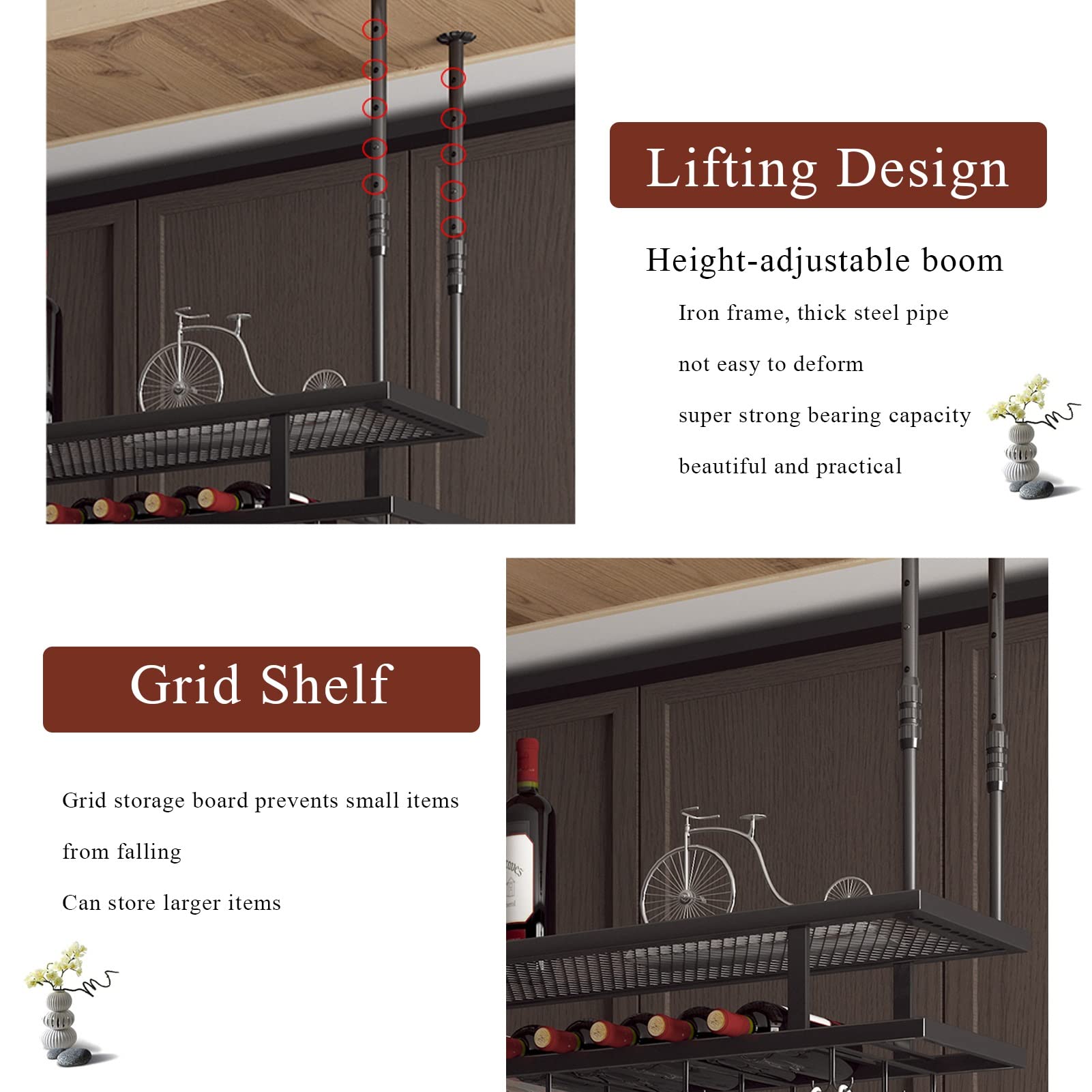**2-Tier Wrought Iron Ceiling Wine Rack - Hanging Wine Bottle & Glass Holder (80x30cm) - Kitchen Decor & Champagne Stemware Storage - Perfect for Dining Rooms, Bars & Wine Cellars**