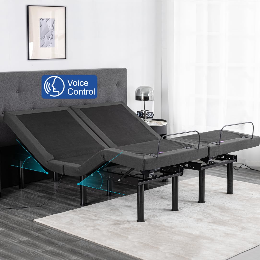 14 Inch Grey Gel Memory Foam Adjustable Smart Bed Base with Mattress - Medium-Firm Queen Size, Massage & Voice Control, Under-Bed Lighting - Perfect for Back Pain Relief, Home Theater & Reading in Bed