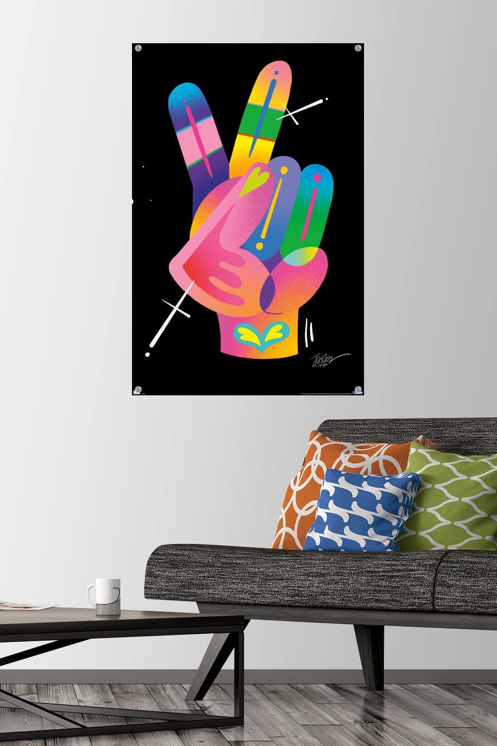 Jason Naylor Peace Sign Hand Wall Art Poster with Push Pins - Vibrant Inspirational Decor for Bedroom, Living Room & Office