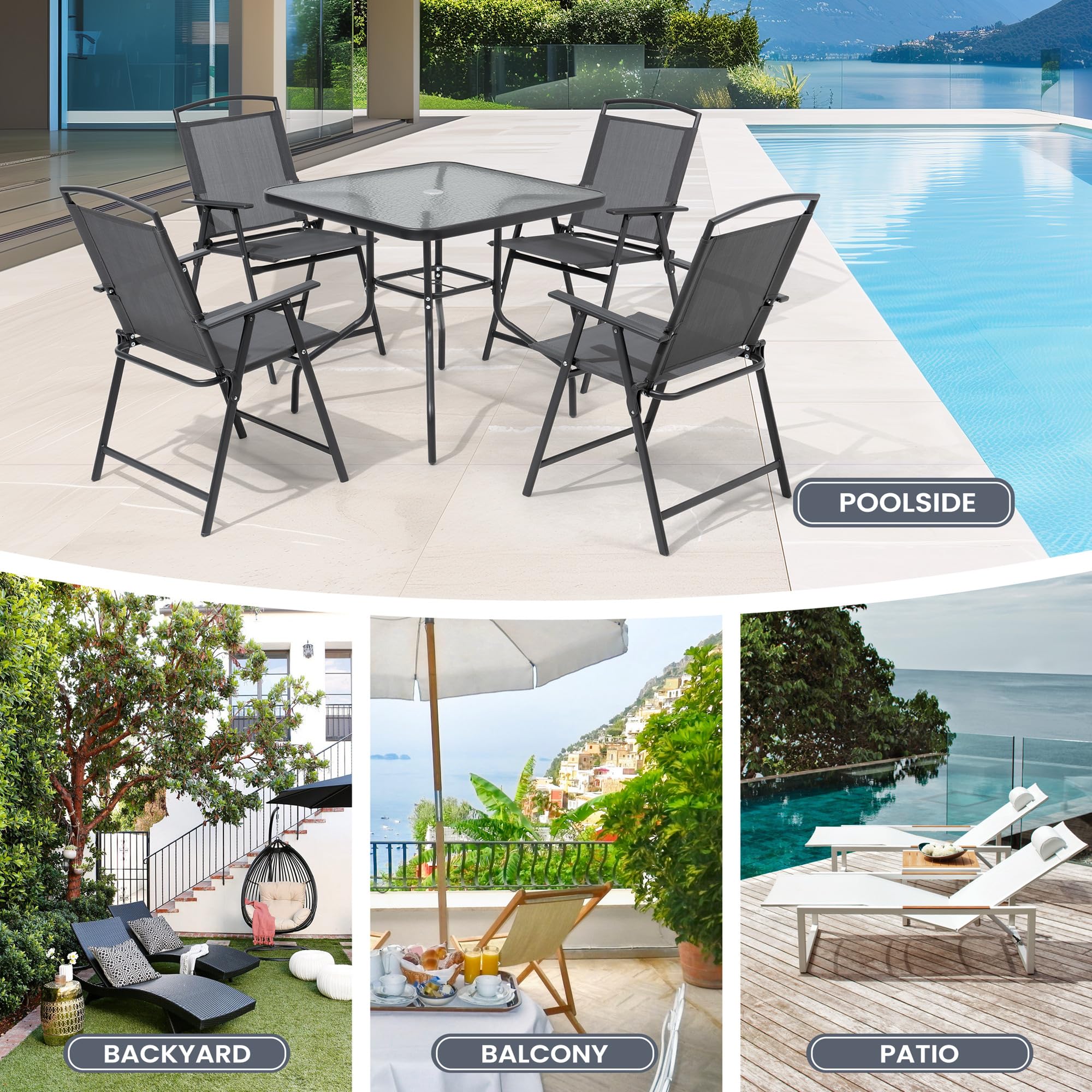 Pellebant Set of 4 Outdoor Folding Chairs with Armrests - Lightweight Patio Dining Chairs for Camping, Beach, Backyard, Garden & Poolside - Weather-Resistant Gray Furniture - Perfect for Outdoor Entertaining & Relaxation