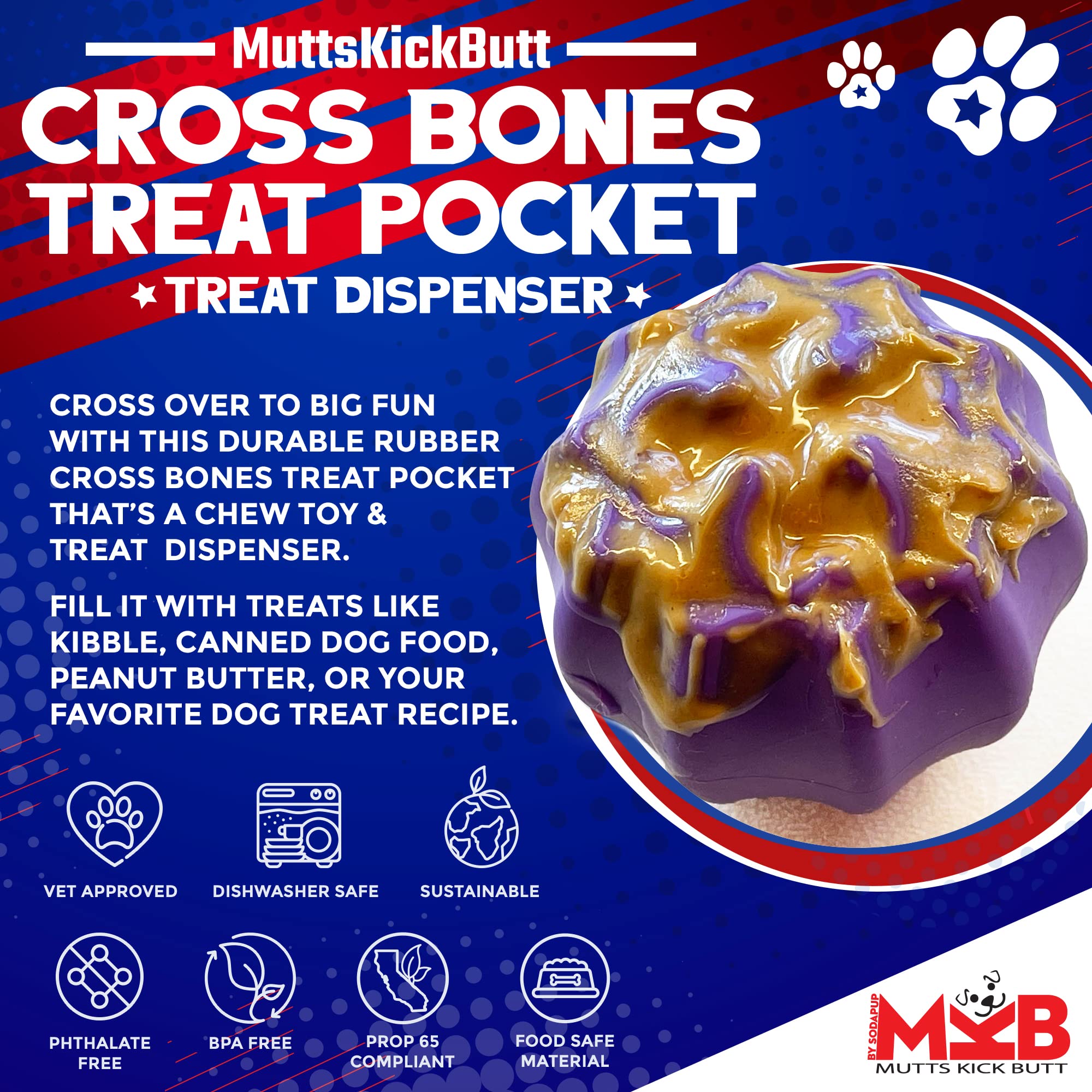 SodaPup MuttsKickButt Cross Bones Dog Treat Dispenser & Chew Toy - Durable Non-Toxic Rubber for Mental Stimulation & Chewing - Made in USA - Perfect for Training, Playtime & Anxiety Relief