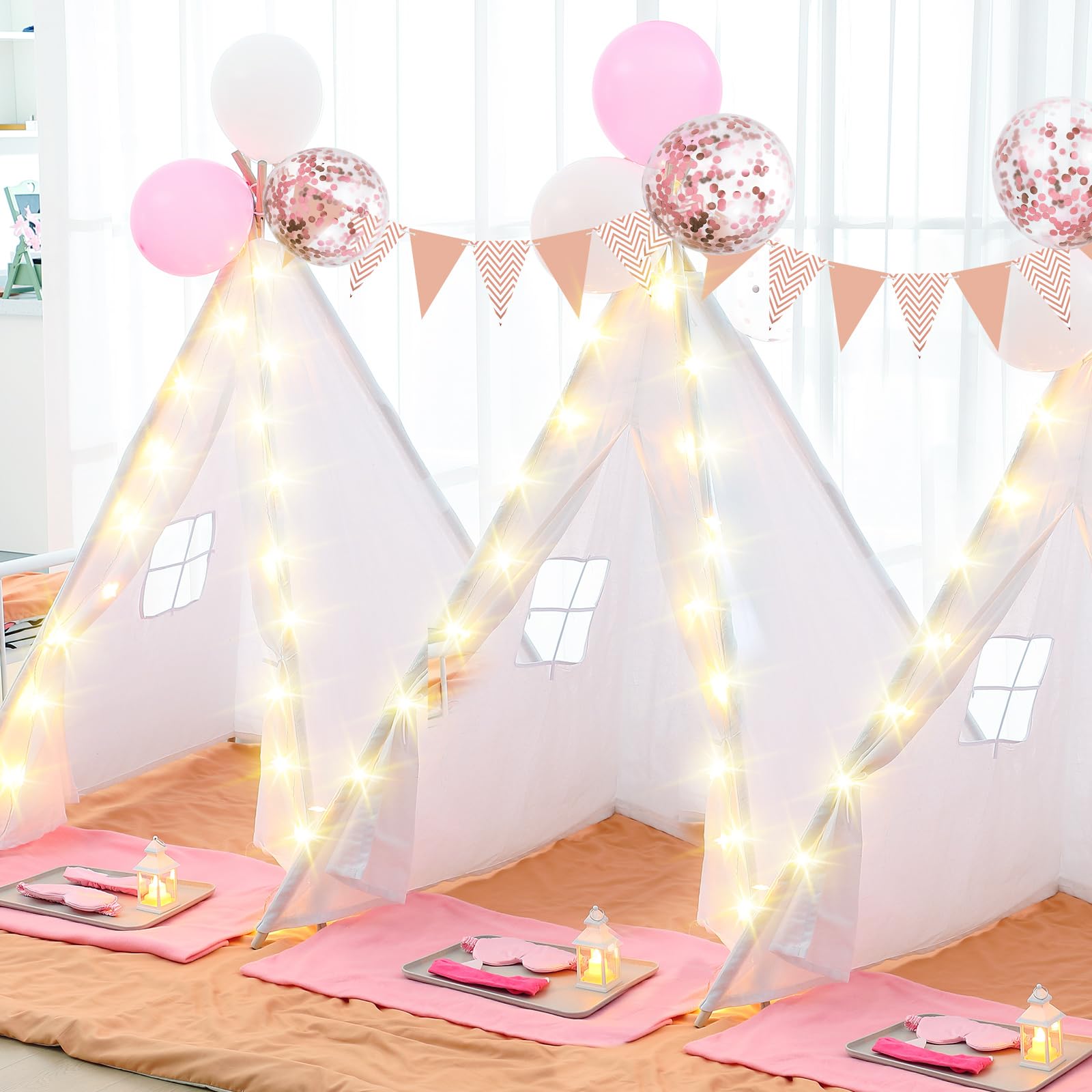 Windyun 8-Pack Kids Teepee Tent with Light Blankets & Trays - Natural Cotton Play Tent for Toddlers, Washable Children's Sleepover Teepee for Boys & Girls - Indoor/Outdoor Slumber Party & Birthday Gift - Perfect for Playrooms, Backyards & Birthday Celebrations
