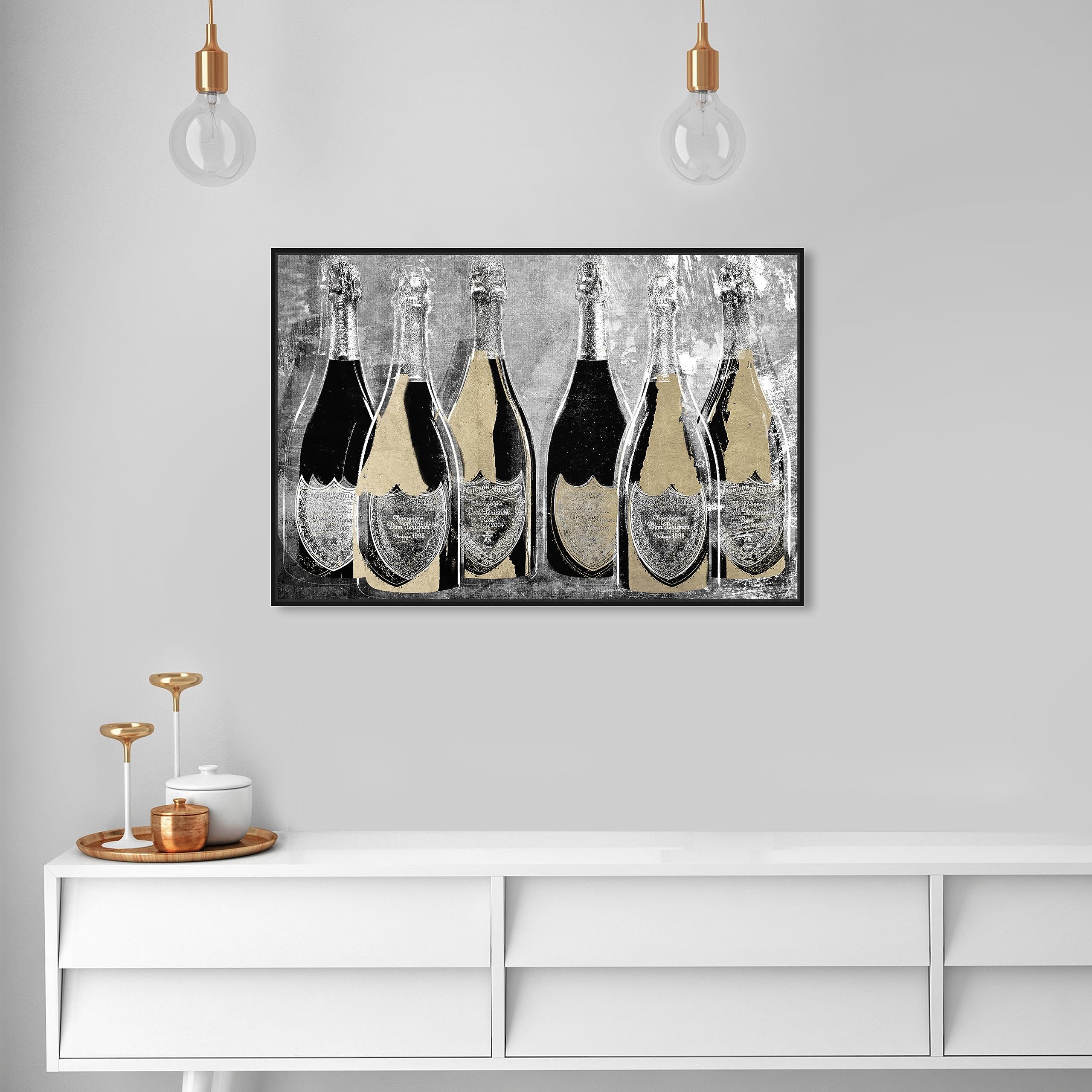Oliver Gal Artist Co. 'Dom Party Glam' Champagne Wall Art - 36x24 Inch Gold & Black Framed Canvas Print - Elegant Home Bar Decor for Dining Room, Living Room & Wine Cellar