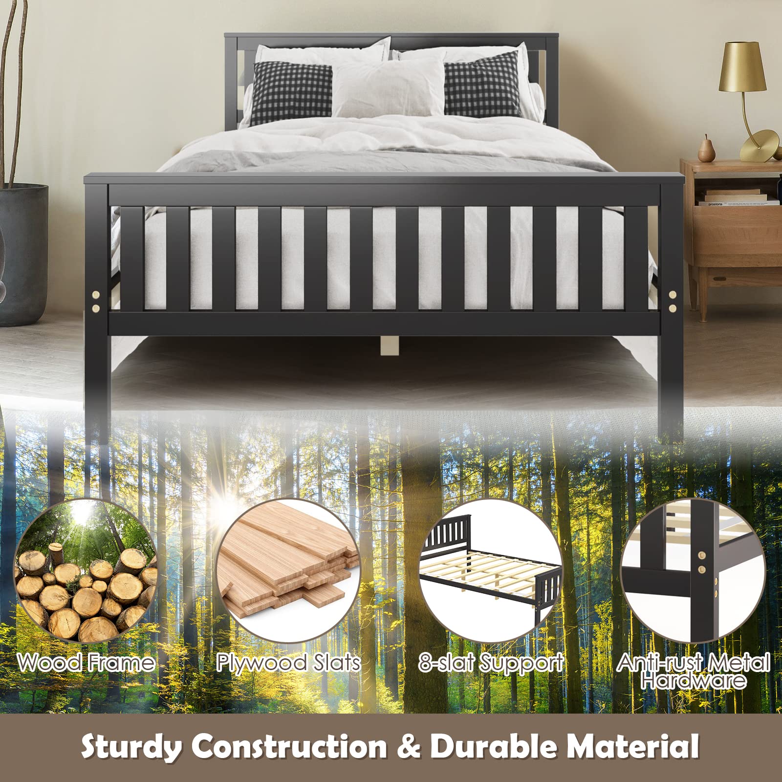 **KOMFOTT Solid Wood Full Size Bed Frame with Headboard & Footboard - 8-Slat Platform Mattress Foundation, 12