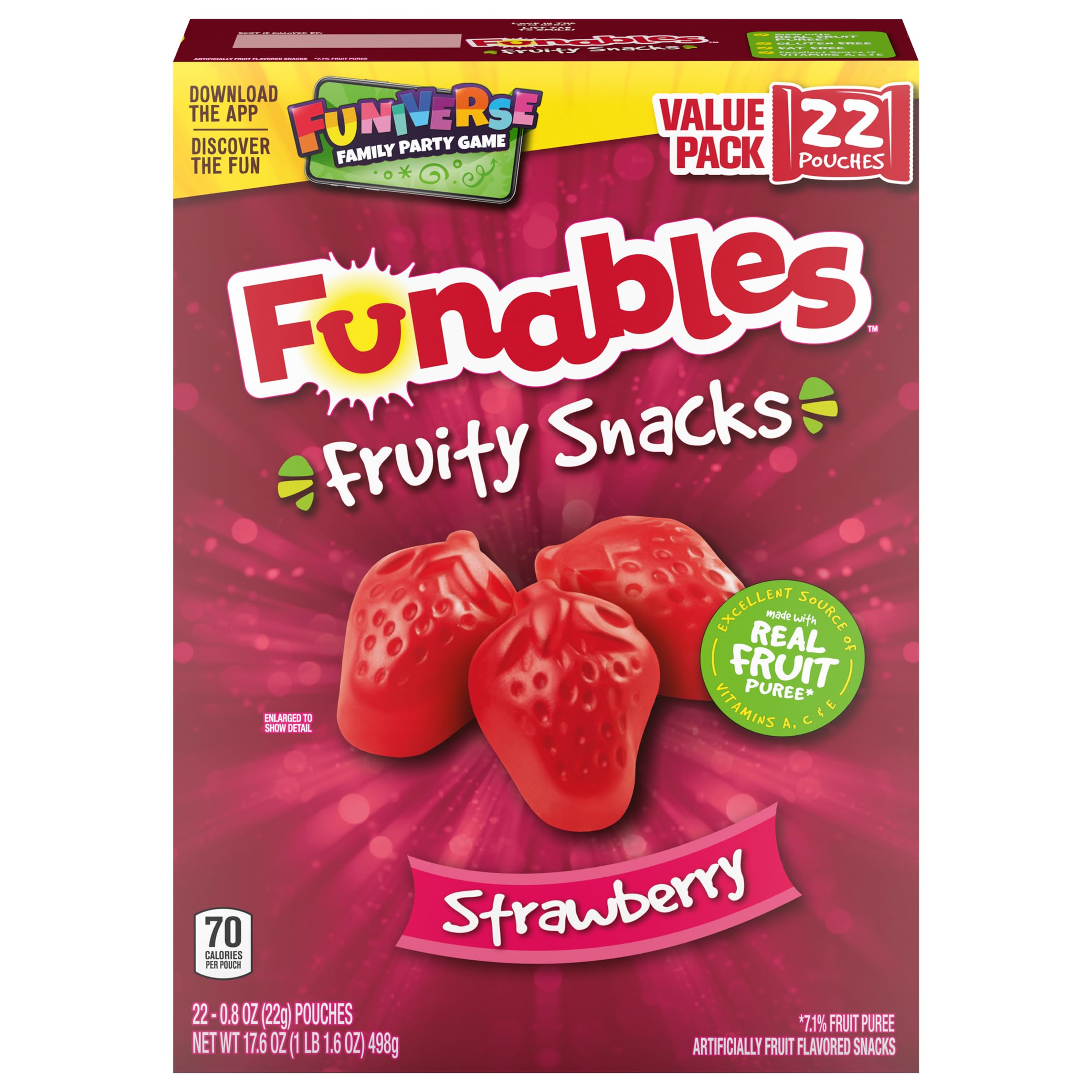 Funables Strawberry Fruit Snacks - 0.8oz Pouches (22 Count) | Gluten Free, Vegan & Kid-Friendly | Perfect for Lunchboxes, After-School Snacks & On-the-Go Treats