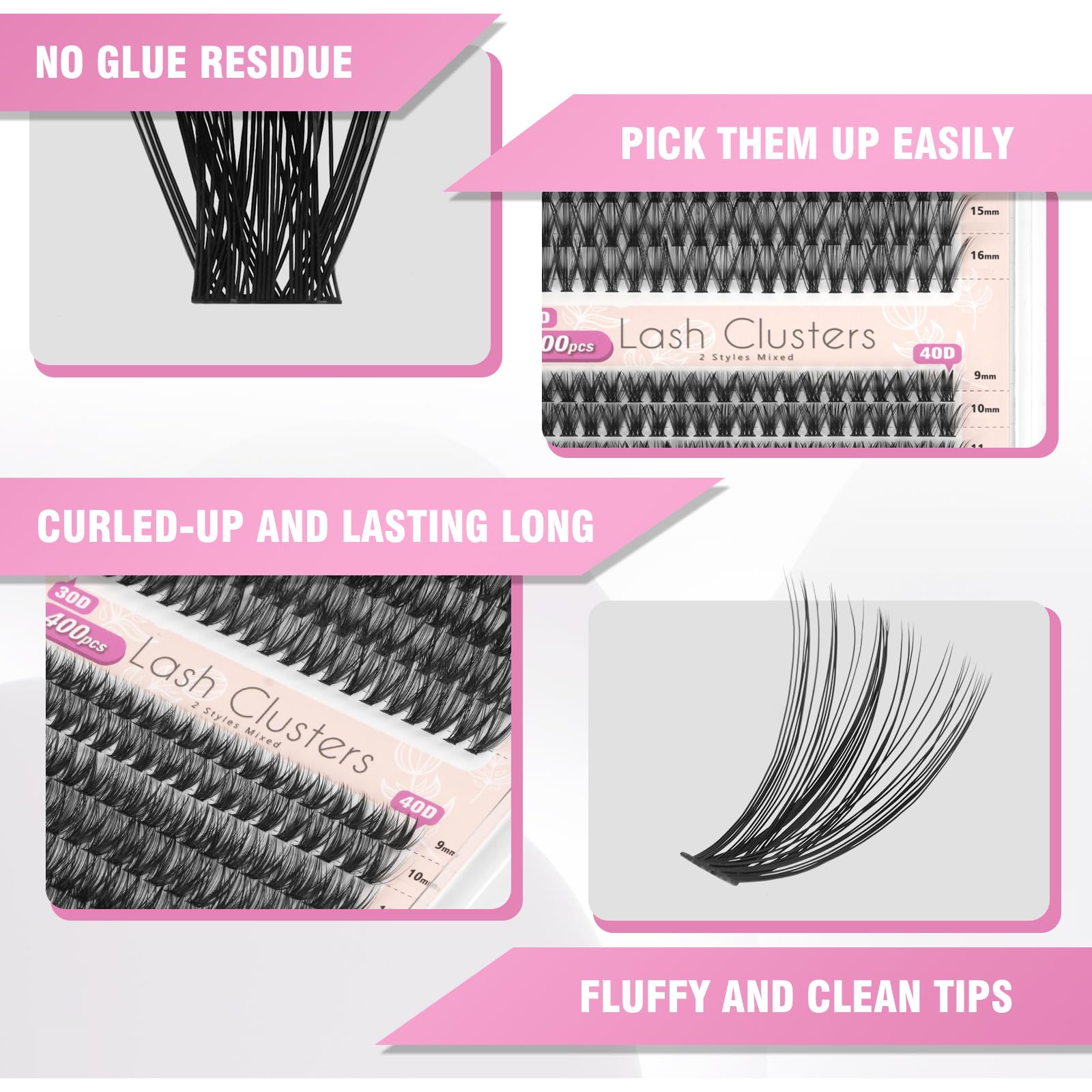 400pcs 30D+40D Natural Handmade Cluster Eyelash Extensions - C Curl 0.07mm Soft False Lashes (9-16mm) for Volume Lash Look | Perfect for Bridal, Party & Everyday Wear